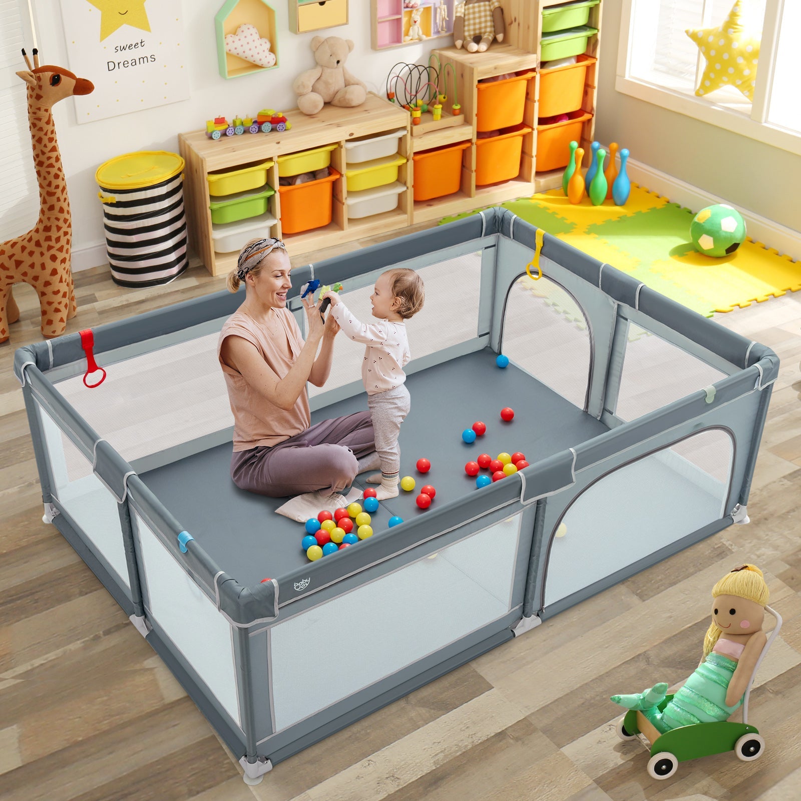 Extra Large Portable Baby Safety Playpen with Ocean Balls & Rings - Gray | Indoor/Outdoor Play Area for Toddlers & Infants
