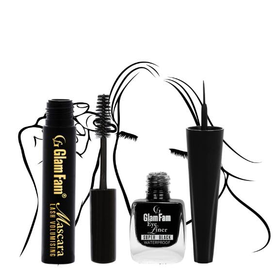 GLAMFAM Matte Finish Eyeliner & Mascara Set - Long Lasting Waterproof Fabulash Mascara with Ultra Fine Smudge-Proof Sketch Eyeliner (Black, 5ml Each) - Perfect for Day to Night Makeup Looks