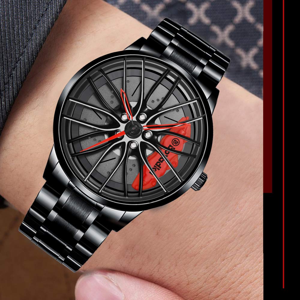 Stainless Steel Car Wheel Watch with Japanese Quartz Movement - Waterproof Sports Wristwatch for Men, Racing Enthusiasts | Perfect for Driving, Motorsports & Everyday Wear