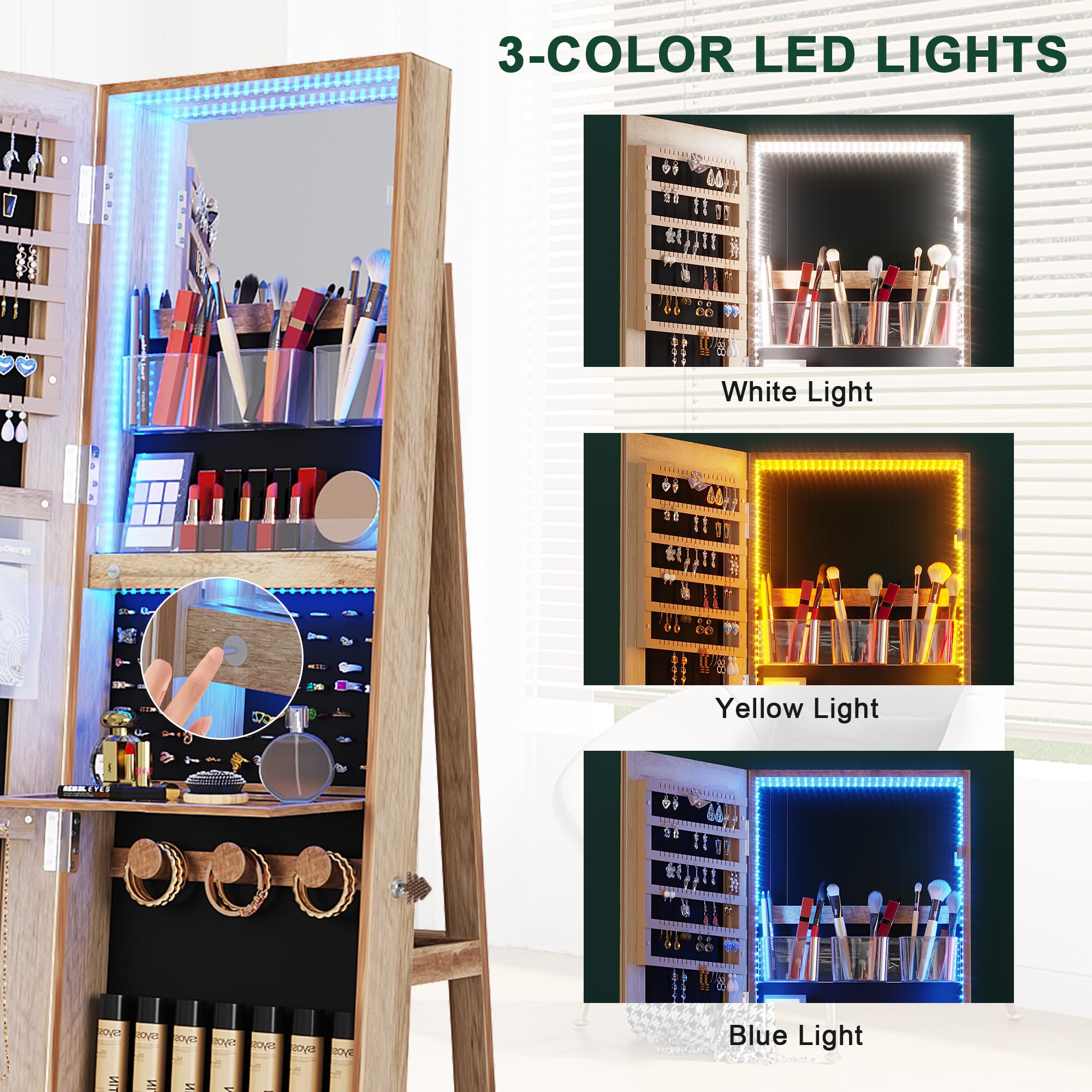 360° Swivel Jewelry Cabinet with LED Lights - Standing Jewelry Armoire Organizer with Full Length Mirror & Lockable Storage | Wooden Jewelry Box for Bedroom, Closet & Dressing Room Organization