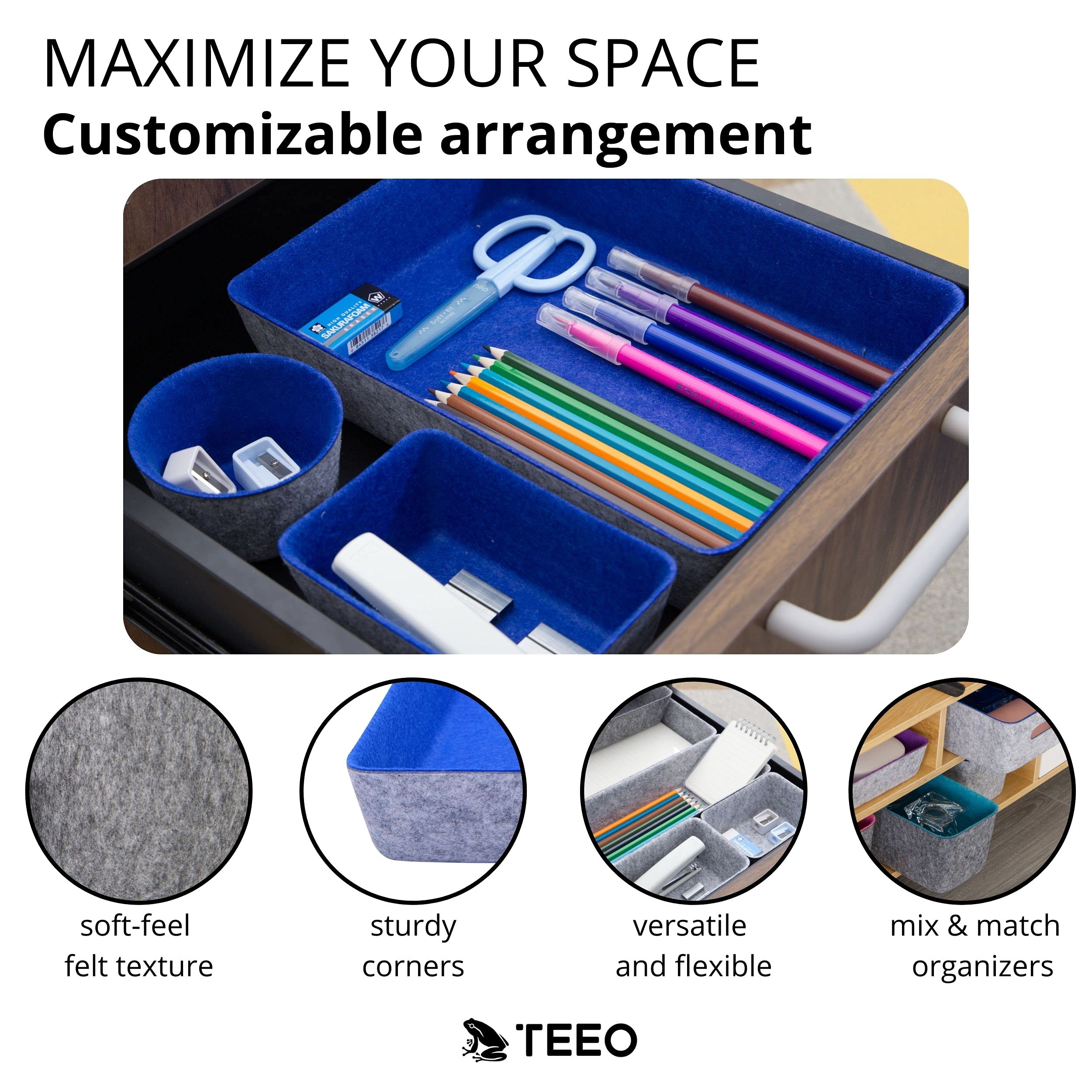 Teeo Drawer Organizers Set of 7 - Kitchen & Bathroom Storage Bins, Makeup & Home Office Desk Dividers - Royal Blue Compartment Organizers for Home Organization | Perfect for Clutter-Free Drawers & Efficient Workspace