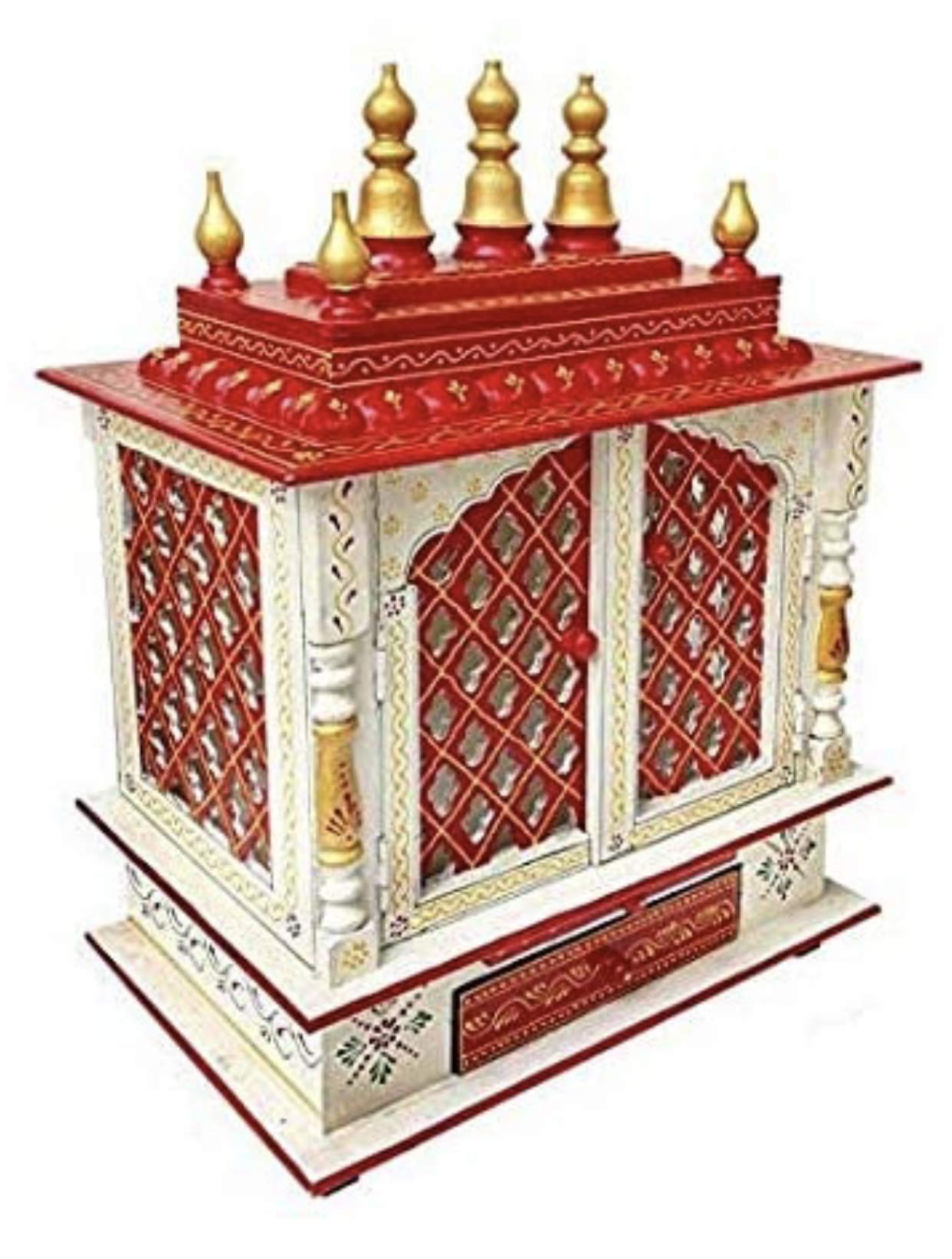 TAM Creatio Wooden Pooja Mandir - Handcrafted Hindu Temple for Home Decor | Indian Prayer Cabinet | Wall Hanging Mandapam | Bhagwan Worship Stand | Red & White Traditional Design - Perfect for Daily Puja, Meditation & Spiritual Decor in USA