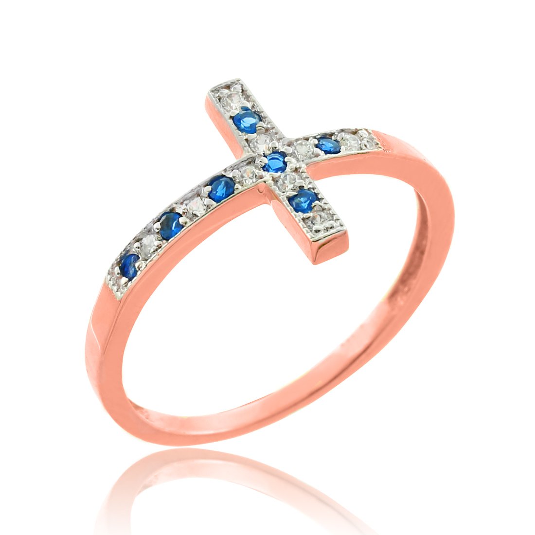 14K Rose Gold Diamond Sideways Cross Ring with Sapphire - Elegant Religious Jewelry for Women, Perfect for Gifts, Weddings & Everyday Wear