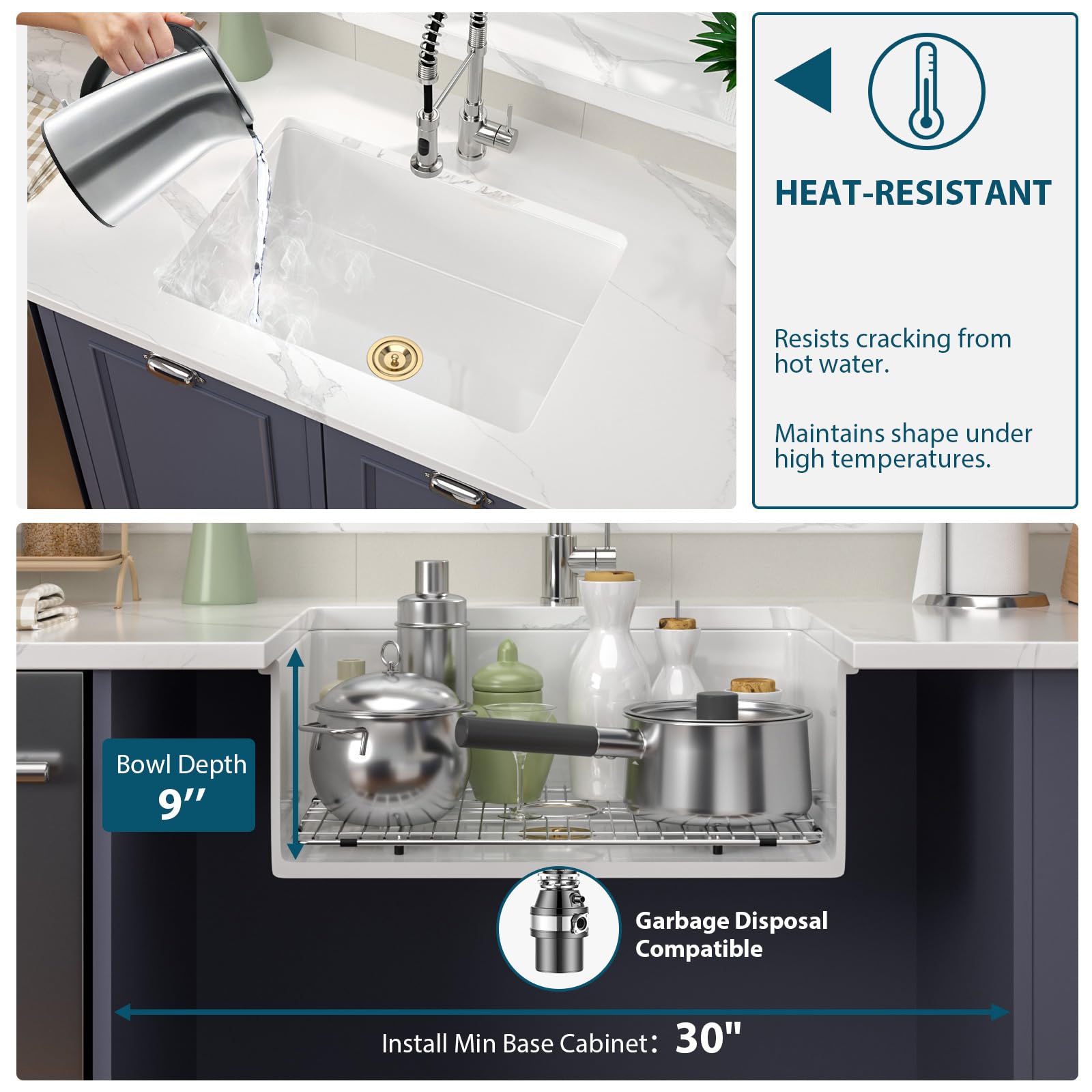 Premium White Undermount Kitchen Sink 27 Inch - Fireclay Porcelain Farmhouse Sink with Dual Mount (Topmount/Drop-In) 27
