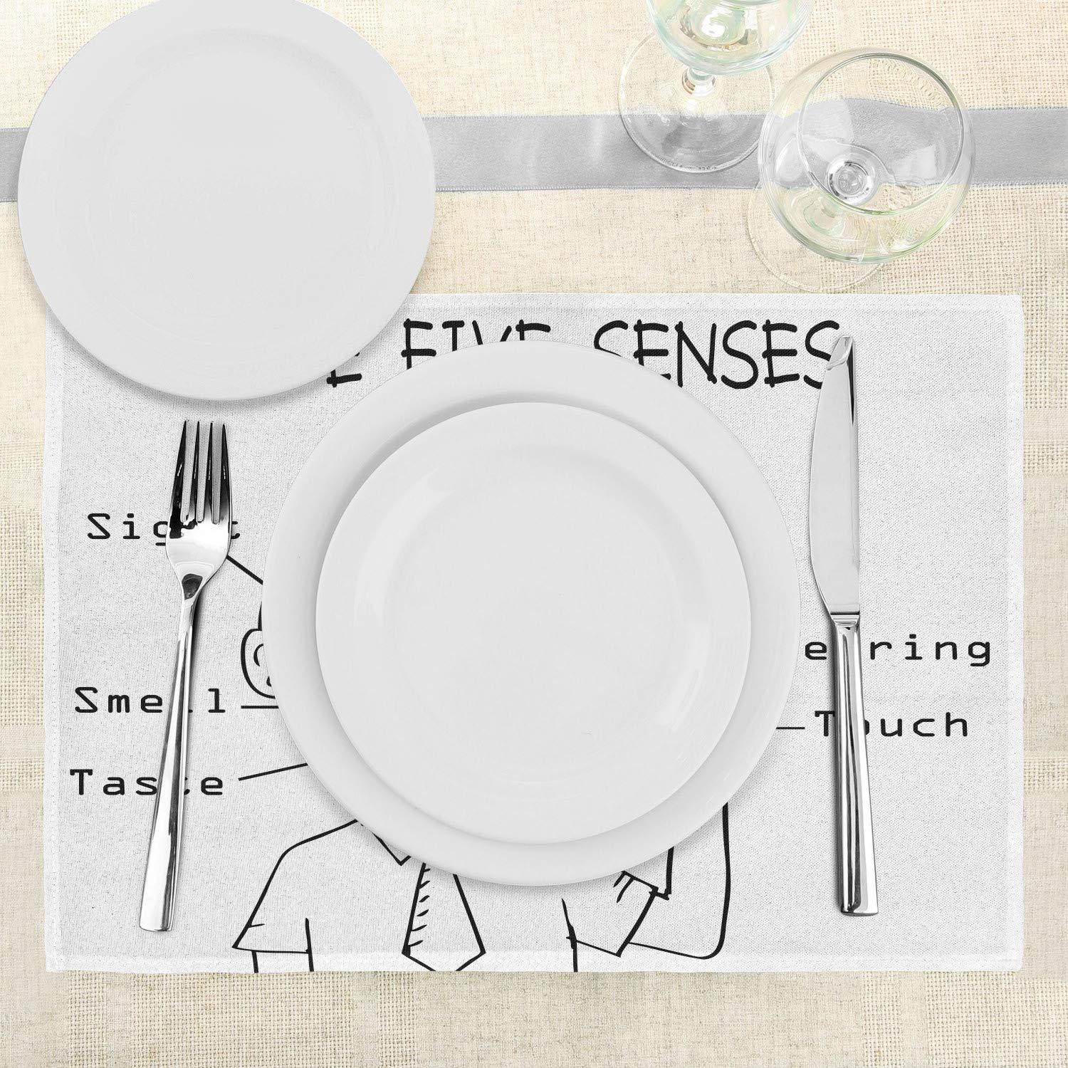 Ambesonne 4-Pack Science-Themed Placemats - 5 Senses Monochrome Sketch Design, Washable Fabric Table Mats for Dining Room, Kitchen & Office (Standard Size, Black & White) - Perfect for Science Lovers, Teachers & Nerdy Home Decor