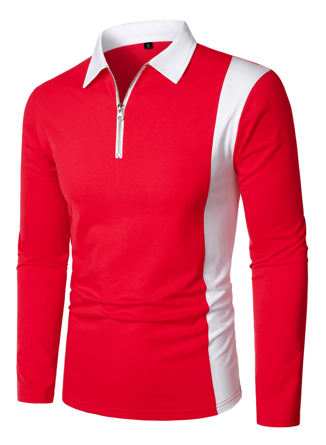 HOOD CREW Men's Long Sleeve Polo Shirts - Fashion Color Block Zipper T-Shirts for Casual Wear, Work & Outdoor Activities