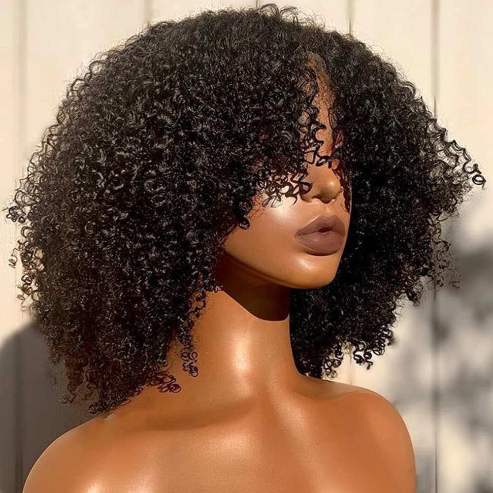 200 Density Afro Kinky Curly Human Hair Wig with Bangs - Virgin Brazilian Short Curly Wig for Women - Full Machine Made Scalp Top - 14 Inch Natural Black - Perfect for Cosplay, Daily Wear & Protective Styles