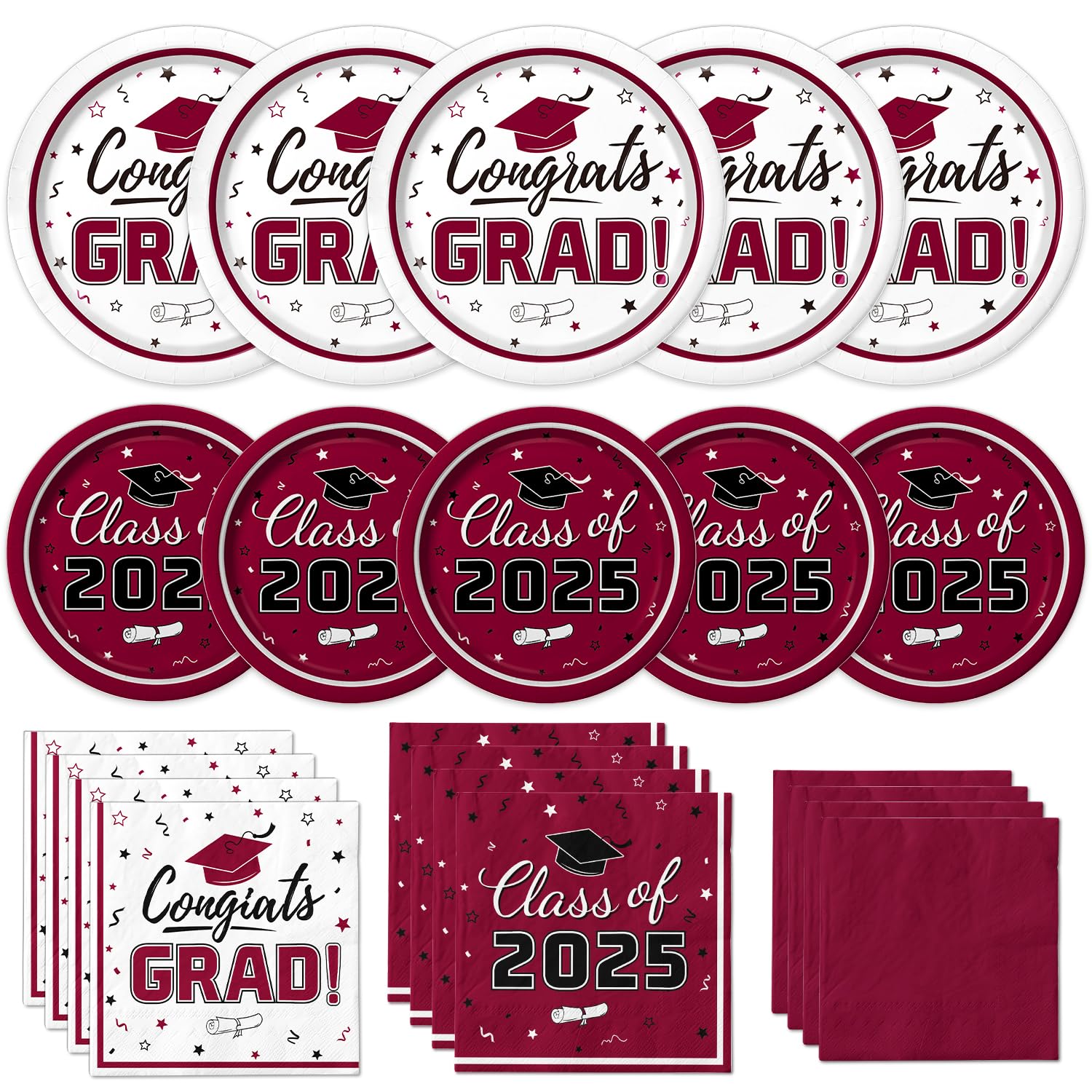 2025 Graduation Party Supplies Kit - Maroon Class of 2025 Tableware Set for 50 Guests | Disposable Dinner Plates, Dessert Plates & Napkins | Perfect for Graduation Decorations, School Celebrations & Congrats Parties