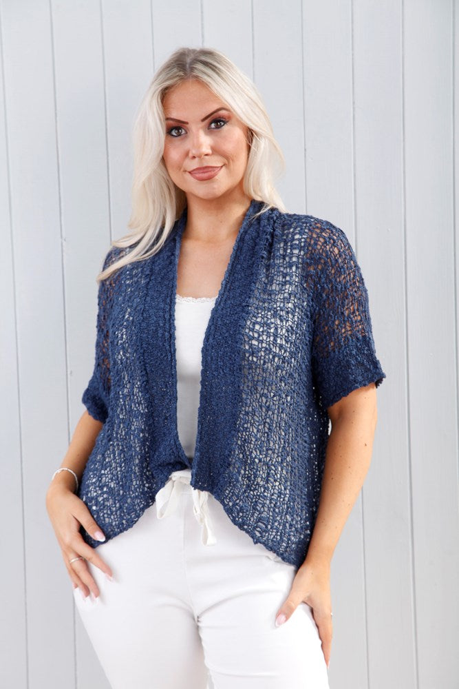 Pippa Popcorn Shrug Cardigan - Women's Denim Blue Knit Sweater for Casual Wear & Layering
