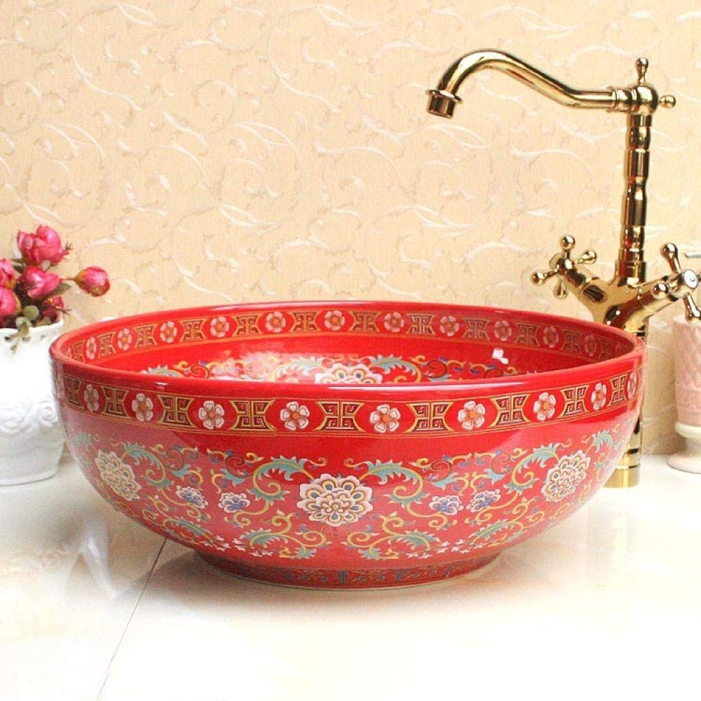 Hand-Painted Red Porcelain Vessel Sink - Artisan Bathroom Countertop Basin with Unique Design | Perfect for Modern Vanities, Powder Rooms & Luxury Home Decor