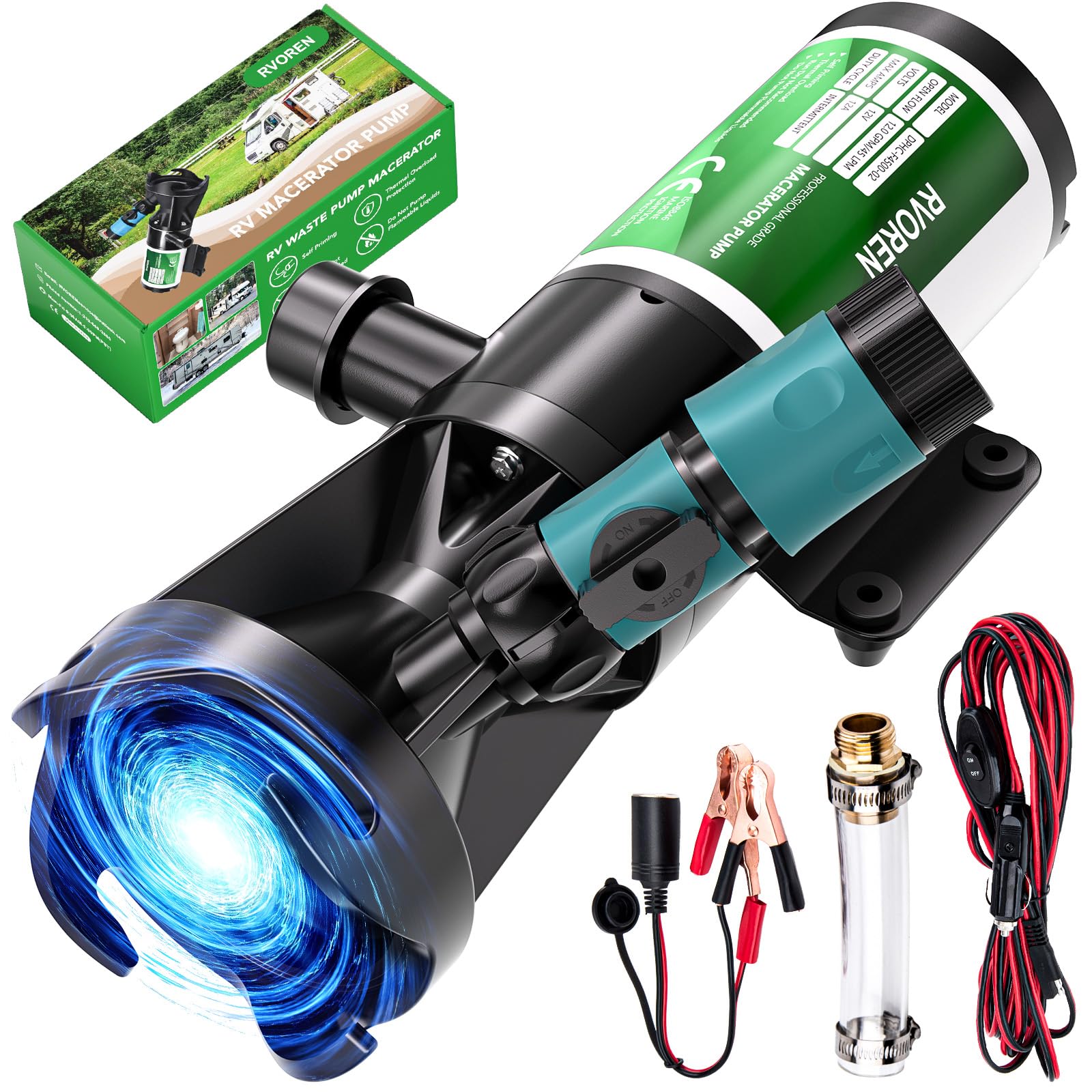 12V 12GPM RV Macerator Waste Pump - Quick Release Self-Priming Sewage Pump with Garden Hose Discharge Port for RV Toilet & Black Water Tank Cleaning