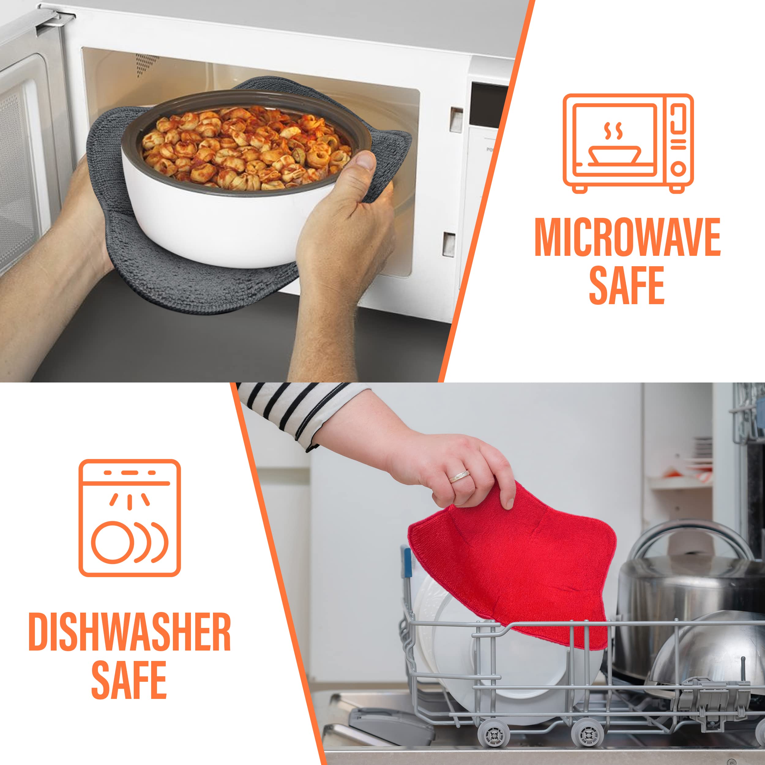 4-Piece Microwave Bowl Holder Set - Heat Resistant Potholders for Hot Bowls & Plates - Keep Food Warm - Large Kitchen Protectors (Gray & Red) - Perfect for Microwave, Oven & Serving Hot Dishes