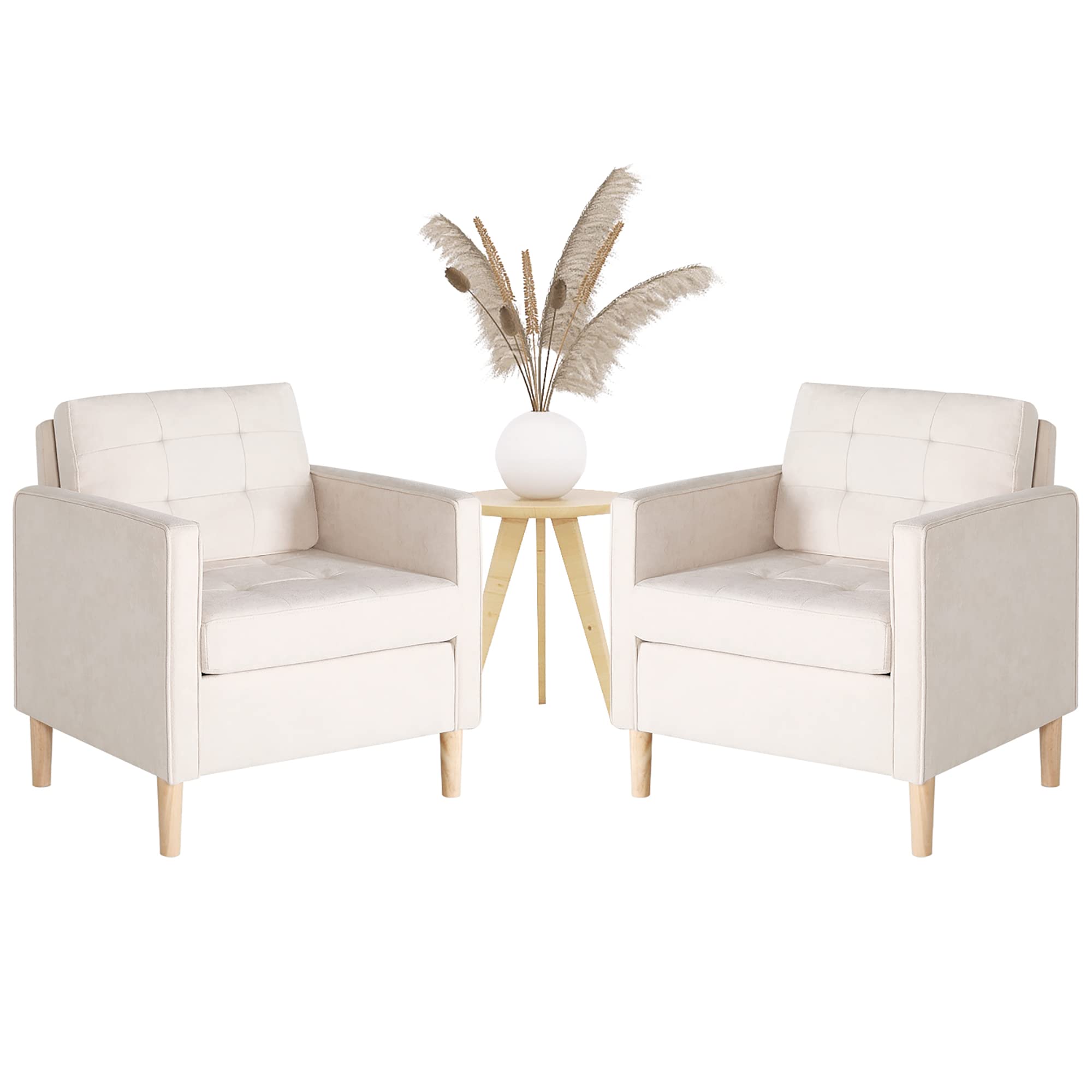 Mid Century Modern Fabric Accent Chairs Set of 2 - Upholstered Armchairs for Home Office, Living Room & Bedroom - Comfortable Reading Club Chairs in White - Perfect for Relaxing, Working or Decorating Your Space