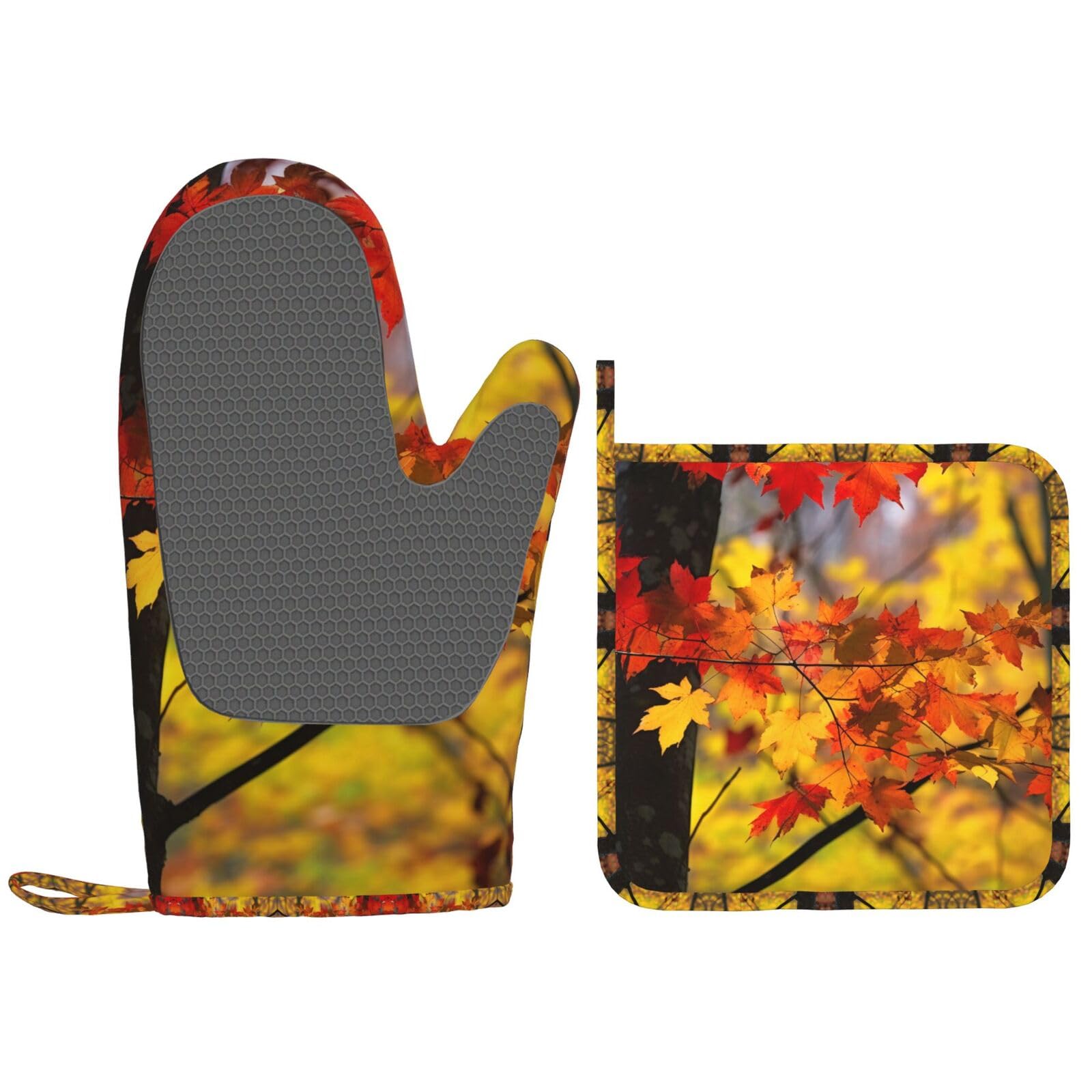 Heat Resistant Maple Leaf Oven Mitts & Pot Holders Set - Waterproof Kitchen Gloves for Baking, Cooking & Grilling - Perfect for Fall Decor & Holiday Kitchen Gifts