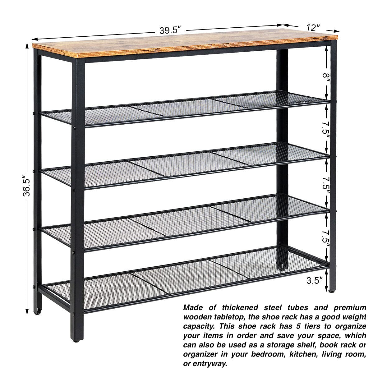 5-Tier Metal Mesh Shoe Rack Organizer - Free Standing Shoe Storage Shelf for Boots, Slippers, Sandals & Sneakers (Holds 16-20 Pairs) - Space-Saving Solution for Entryway, Hallway, Closet & Bedroom Organization