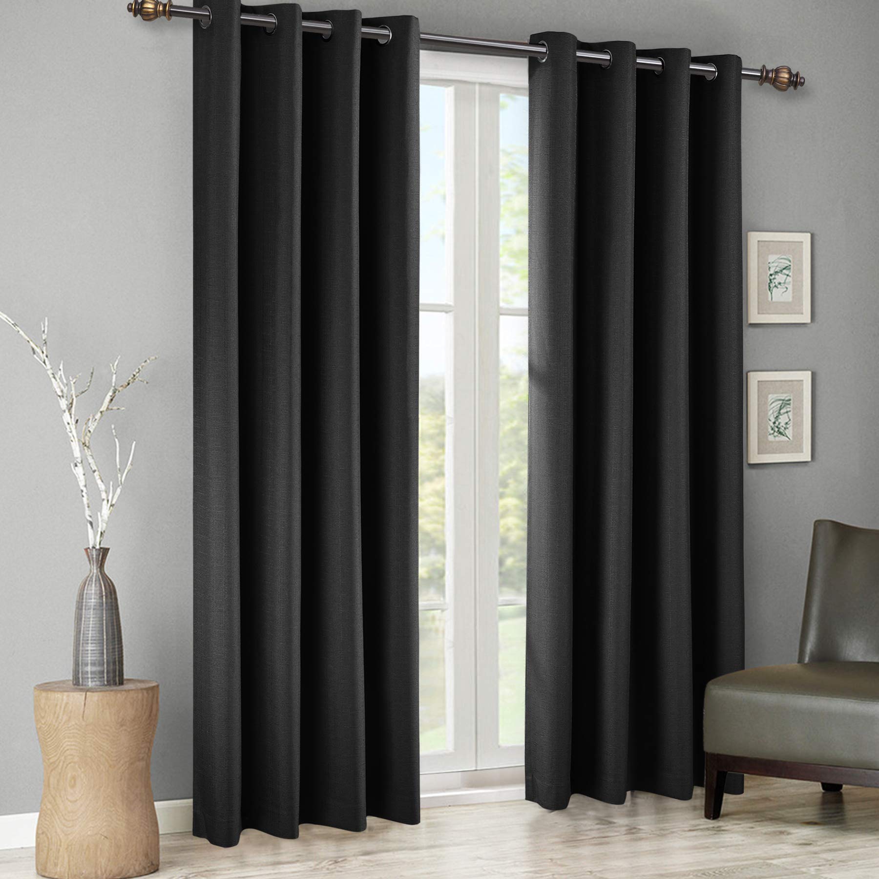 SINGINGLORY 100% Blackout Thermal Insulated Curtains - 52x84 Inch Long Linen Textured Grommet Window Drapes (2 Panel Set with Tiebacks) for Bedroom & Living Room - Perfect for Light Blocking, Privacy & Energy Efficiency
