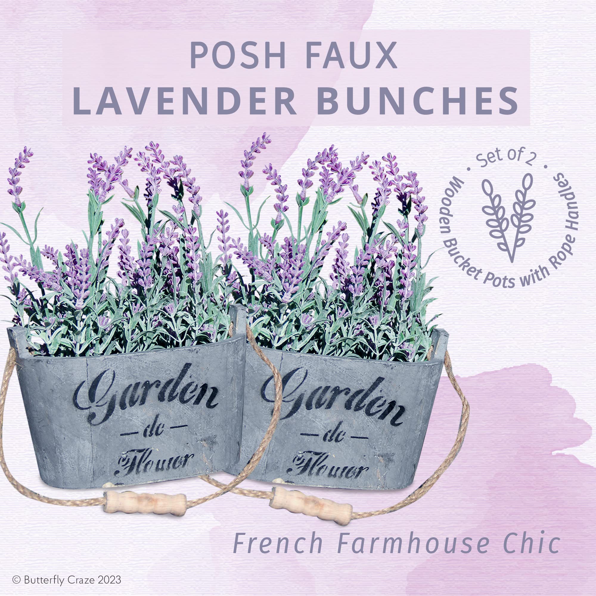 Lifelike Artificial Lavender Plants in Rustic Wooden Planters - Set of 2 Faux Silk Purple Flowers for Home, Office & Patio Decor - Perfect for Wedding Centerpieces, Farmhouse Style Decor & Gift Giving