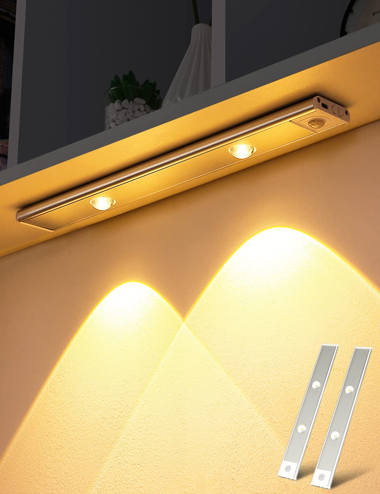 GARTO LED Under Cabinet Wireless Lights with Motion Sensor, USB Rechargeable Battery Operated Night Light for Kitchen, Closet, Stairway - 11.81 Inch 2 Pack - Perfect for Indoor Lighting, Home Safety & Energy Saving