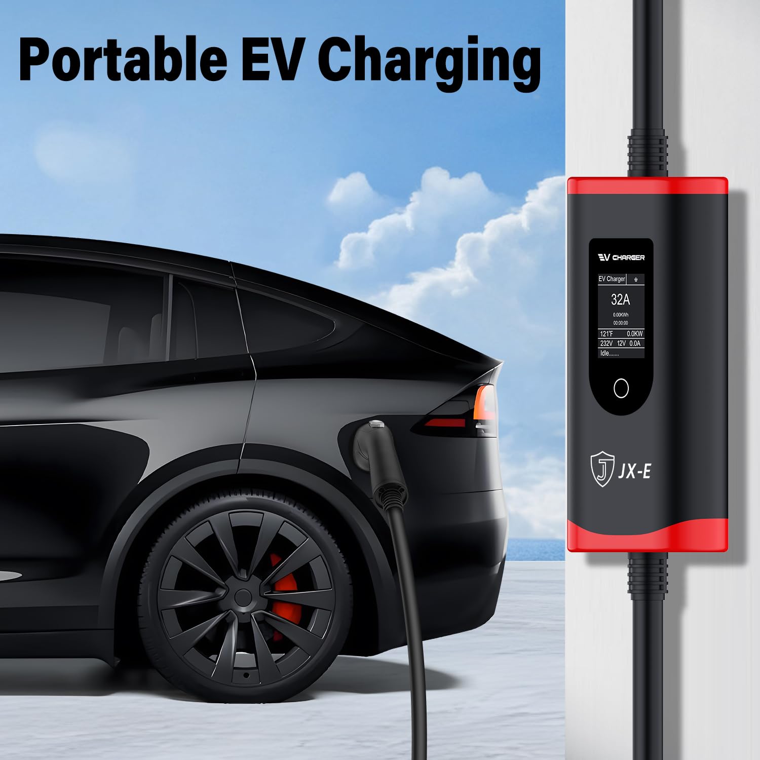 JX-E Level 2 EV Charger - 32Amp 240V NEMA 14-50 Plug Portable Home Charging Station for All SAE J1772 Electric Vehicles | FCC & ROHS Certified | 25FT Cable | Perfect for Home, Garage & Road Trip Charging