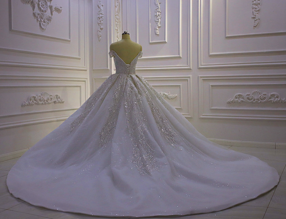 Elegant V-Neck Off-the-Shoulder Sequin Wedding Dress AM1338 - Perfect for Bridal, Prom, Evening Gala & Special Occasions