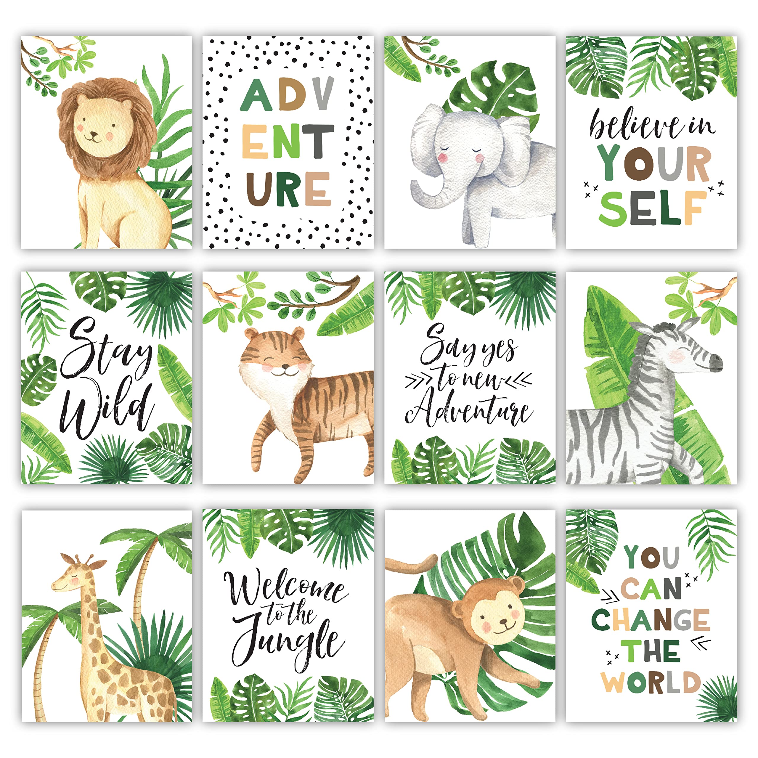6 Reversible 8x10 Safari Nursery Wall Art Prints - Jungle Animal Classroom Decor, Baby Shower & Birthday Party Decorations - Perfect for Jungle Theme Nursery, Kids Room, Classroom & Safari Party Decor