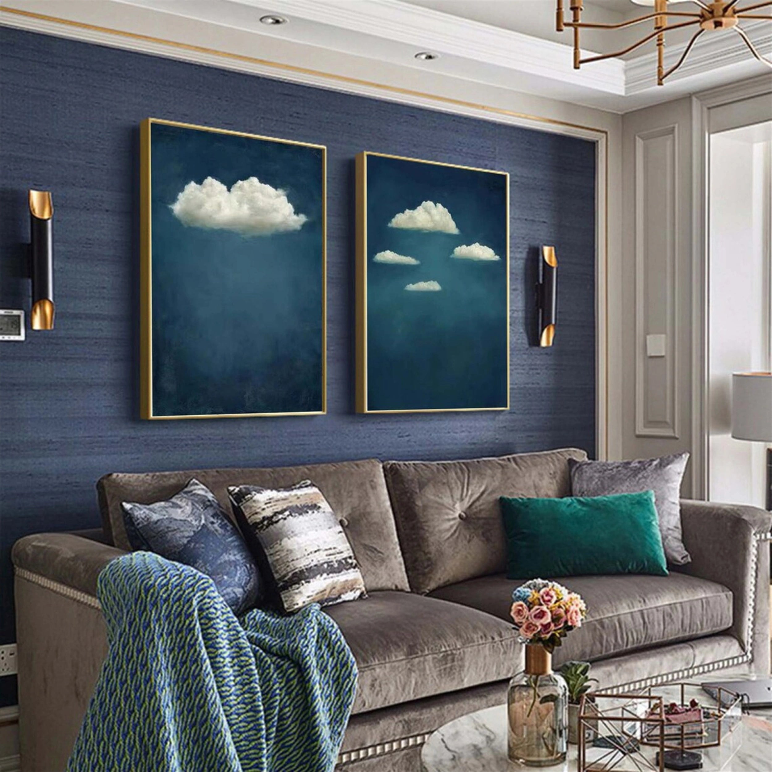 Ocean and Sky Painting Set of 2 - Handmade Canvas Wall Art for Living Room & Bedroom Decor | Coastal Beach Theme Home Office Artwork #OS106