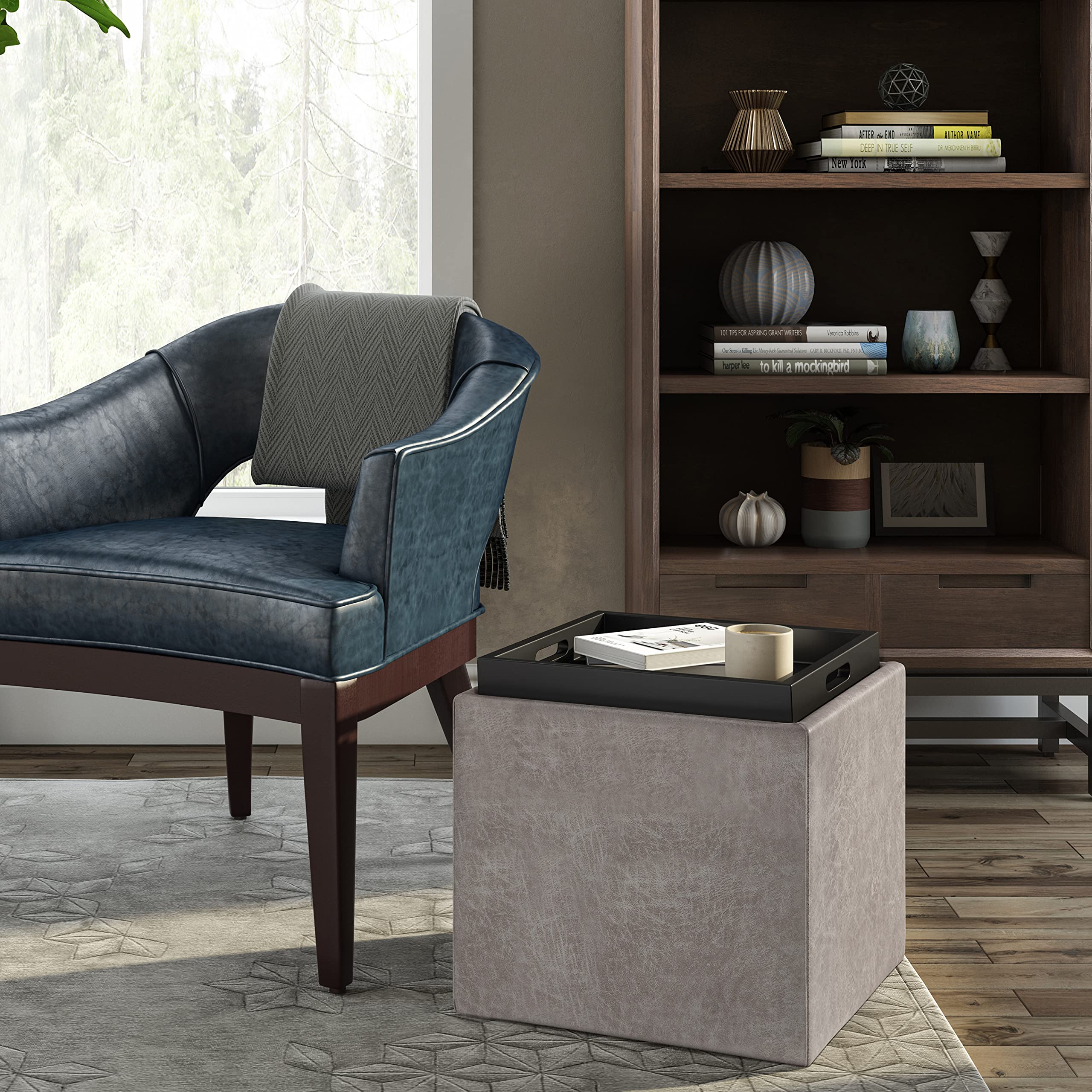 SIMPLIHOME Rockwood Wide Square Cube Storage Ottoman with Tray - 18 Inch, Taupe Vegan Faux Leather, Distressed Grey - Modern Living Room, Entryway & Family Room Furniture for Home Organization & Extra Seating