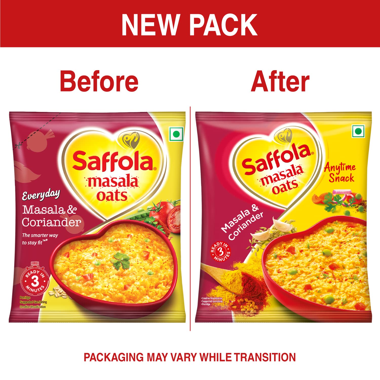 Saffola Masala Oats - Spiced Coriander Flavor - 39g (1.37oz) - Vegetarian Instant Oatmeal from India - Perfect for Breakfast, Snacks & Healthy Lifestyle