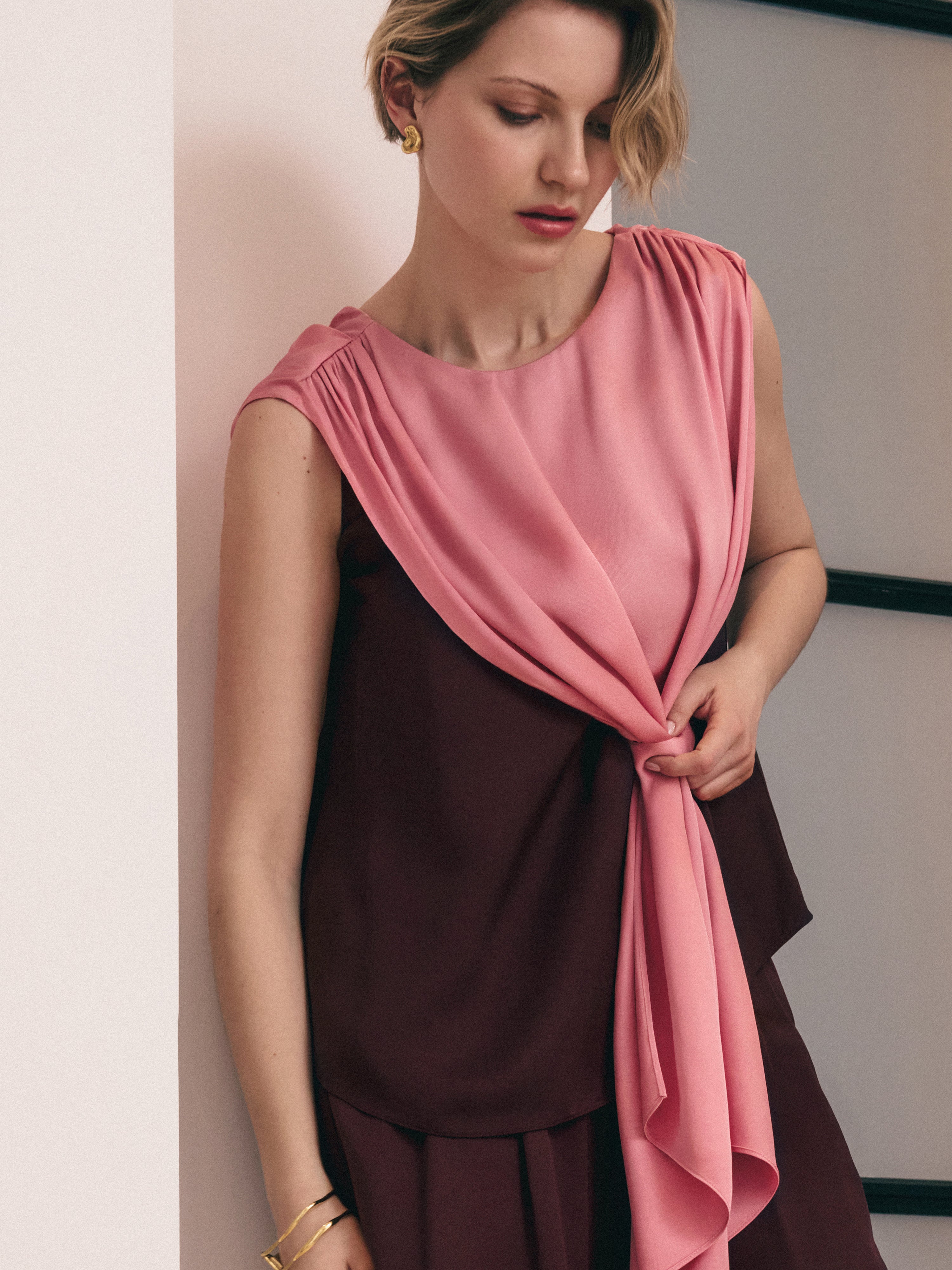 Elegant Draped Tie Detail Women's Top in Oxblood Red - Perfect for Office Wear, Date Nights & Special Occasions