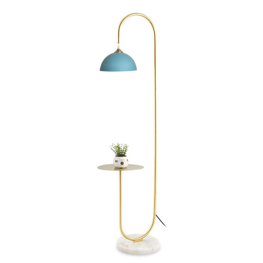 Modern LED Floor Lamp with Table - Brushed Brass Finish & Blue Shade for Bedroom, Living Room, Reading Light | Stylish Standing Lamp for Home Office, Study & Lounge Areas