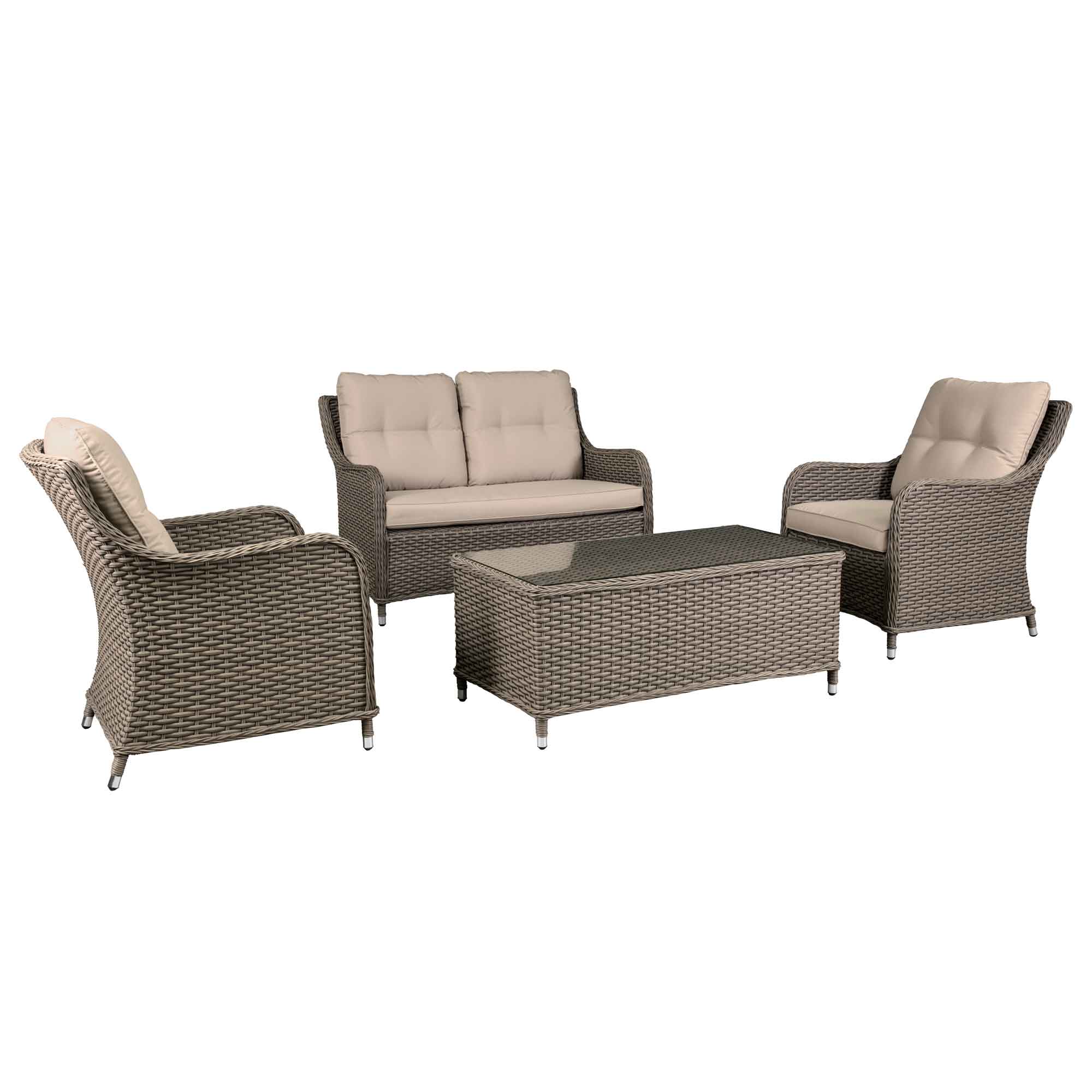 Chester 4-Piece Outdoor Rattan Patio Furniture Set with Double Seater Sofa, Coffee Table & 2 Chairs - Weather-Resistant Brown Wicker Lounge Set for Garden, Poolside & Backyard Relaxation (Model DG87)