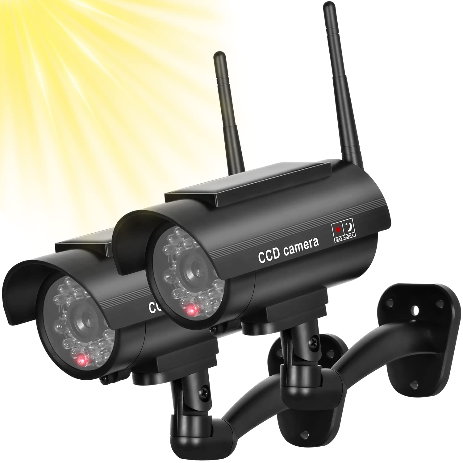 BNT Solar Powered Fake Security Camera - 2 Pack Dummy Surveillance System with Realistic Red Flashing LED & Warning Stickers for Home Security | Indoor/Outdoor Use for Garage, Yard, Office Protection (Black)