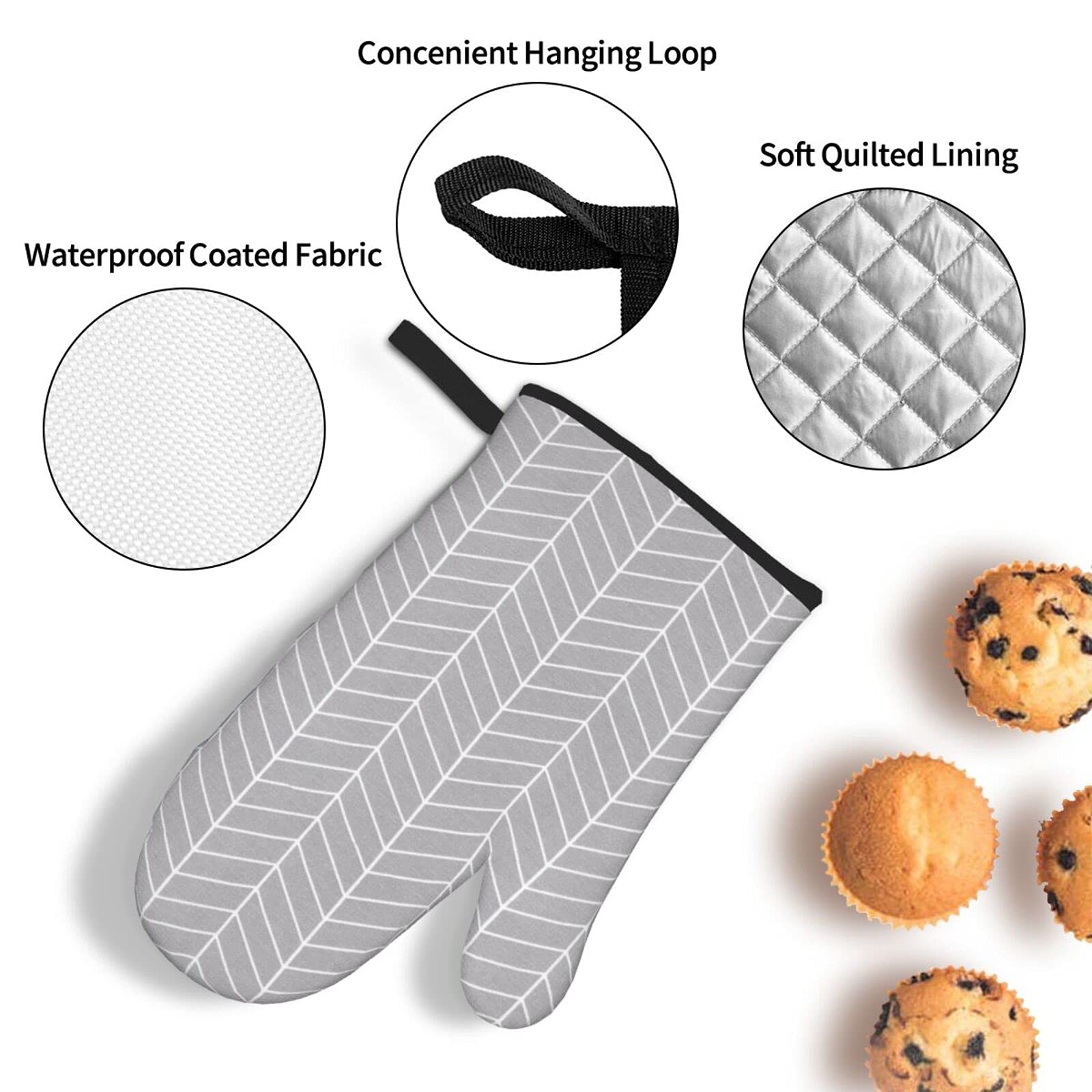 Heat Resistant Stripe Oven Mitt and Pot Holders Set - Non-Slip Kitchen Gloves for Baking, Cooking, Grilling & BBQ - Microwave Safe for Adults (3-Piece Grey Set) - Perfect for Holiday Cooking, Camping & Outdoor Barbecues