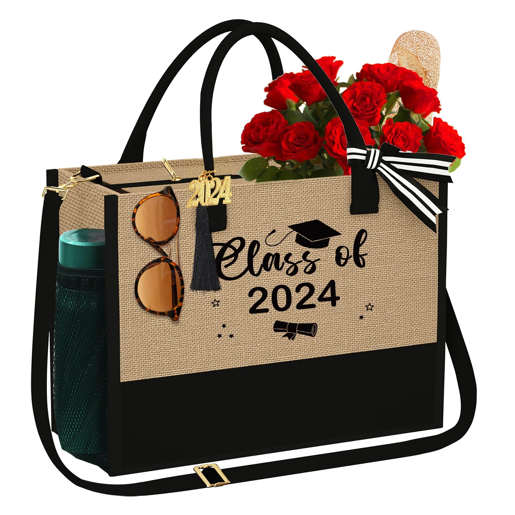 YOOLIFE Personalized Monogram Jute Tote Bag for Women - Zippered Pockets & Adjustable Shoulder Strap - Unique Birthday Gift Ideas for Her - Perfect for Work, Shopping & Beach Outings