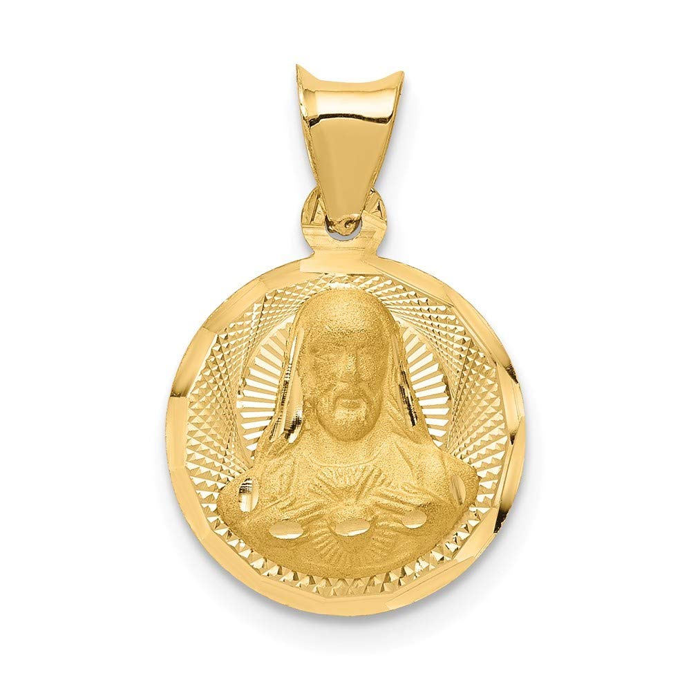 14K Yellow Gold Engravable Sacred Heart Circle Pendant Necklace for Women - Polished & Satin Finish with Sparkle Cut - Perfect for Gifts, Anniversaries & Religious Occasions