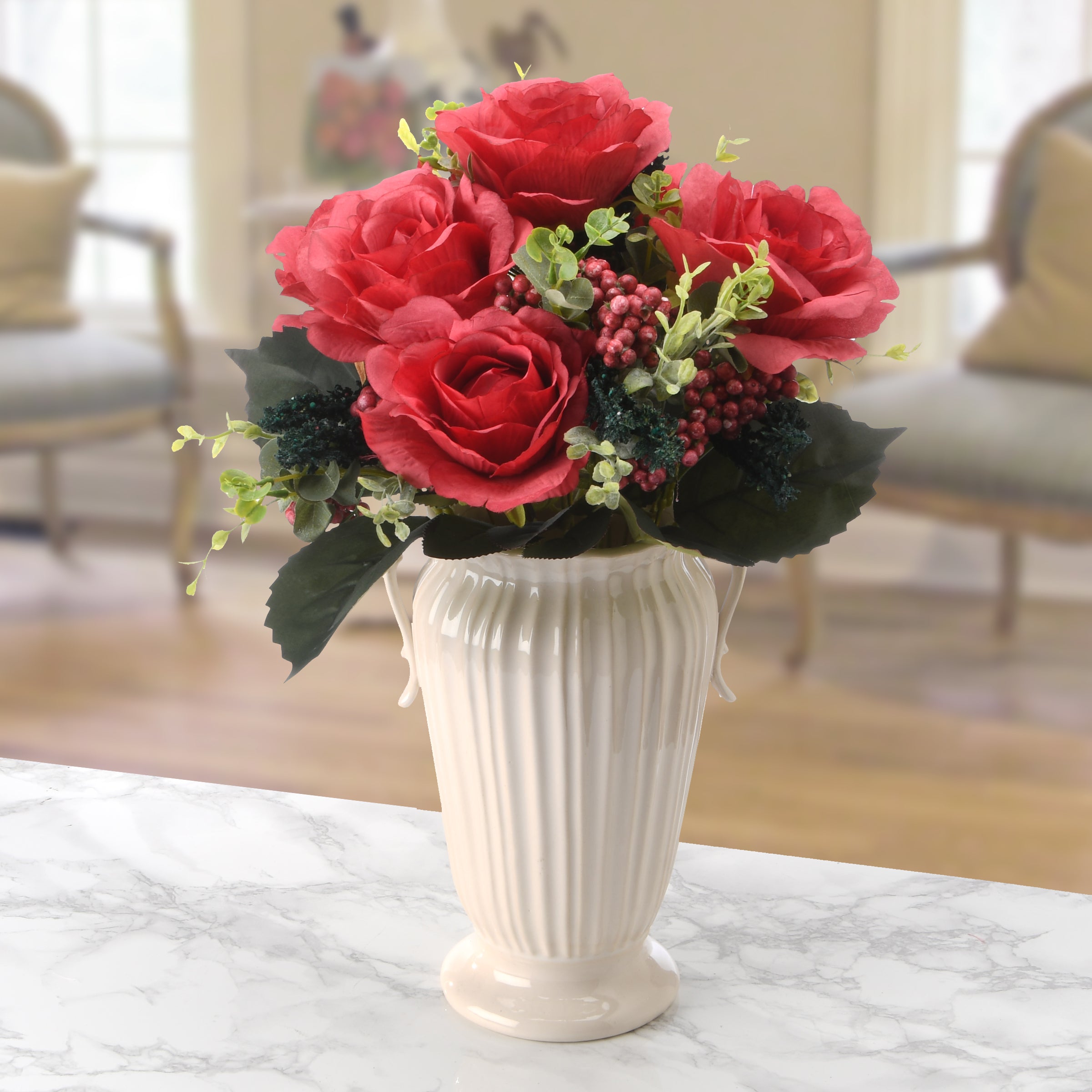 19 Inch Spring Floral Bouquet with Red Roses, Berries, Seed Pods & Greenery - Perfect for Weddings, Home Decor & Gift Giving