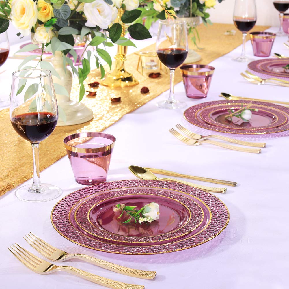 150-Piece Clear Purple & Gold Plastic Party Tableware Set - 25 Dinner Plates, 25 Dessert Plates, 25 Cups, 25 Forks, 25 Knives, 25 Spoons - Elegant Wedding, Birthday & Special Event Disposable Tableware for Easy Cleanup