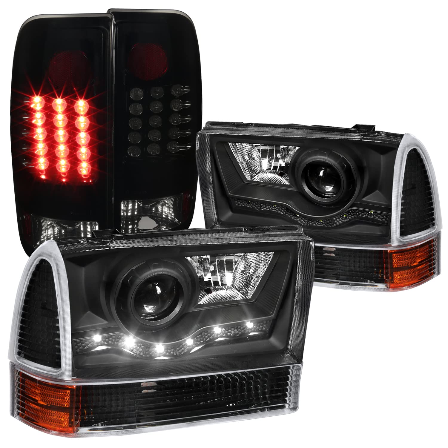 Spec-D Tuning Black Halo LED Projector Headlights with Yellow Fog Lights - Compatible with Ford F250 Super Duty (Left & Right Pair) - Durable Headlamp Assembly for Off-Road & Night Driving