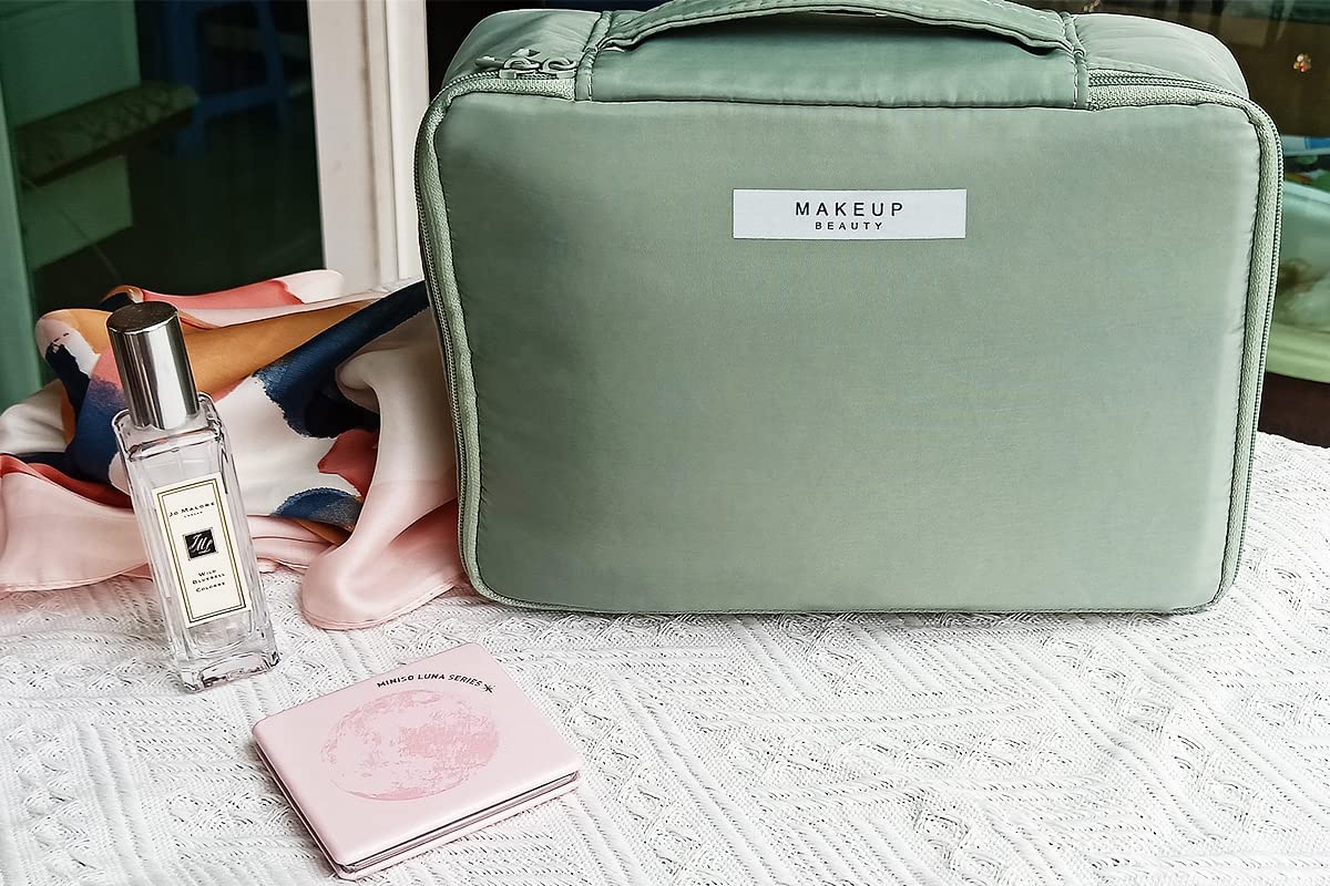 AUSEKALY 2-Piece Cute Large Makeup Bag Set with Brush Pouch & Small Cosmetic Bag for Women | Travel Toiletry Organizer | Perfect for Vacation, Gym, and Daily Beauty Essentials (Green)