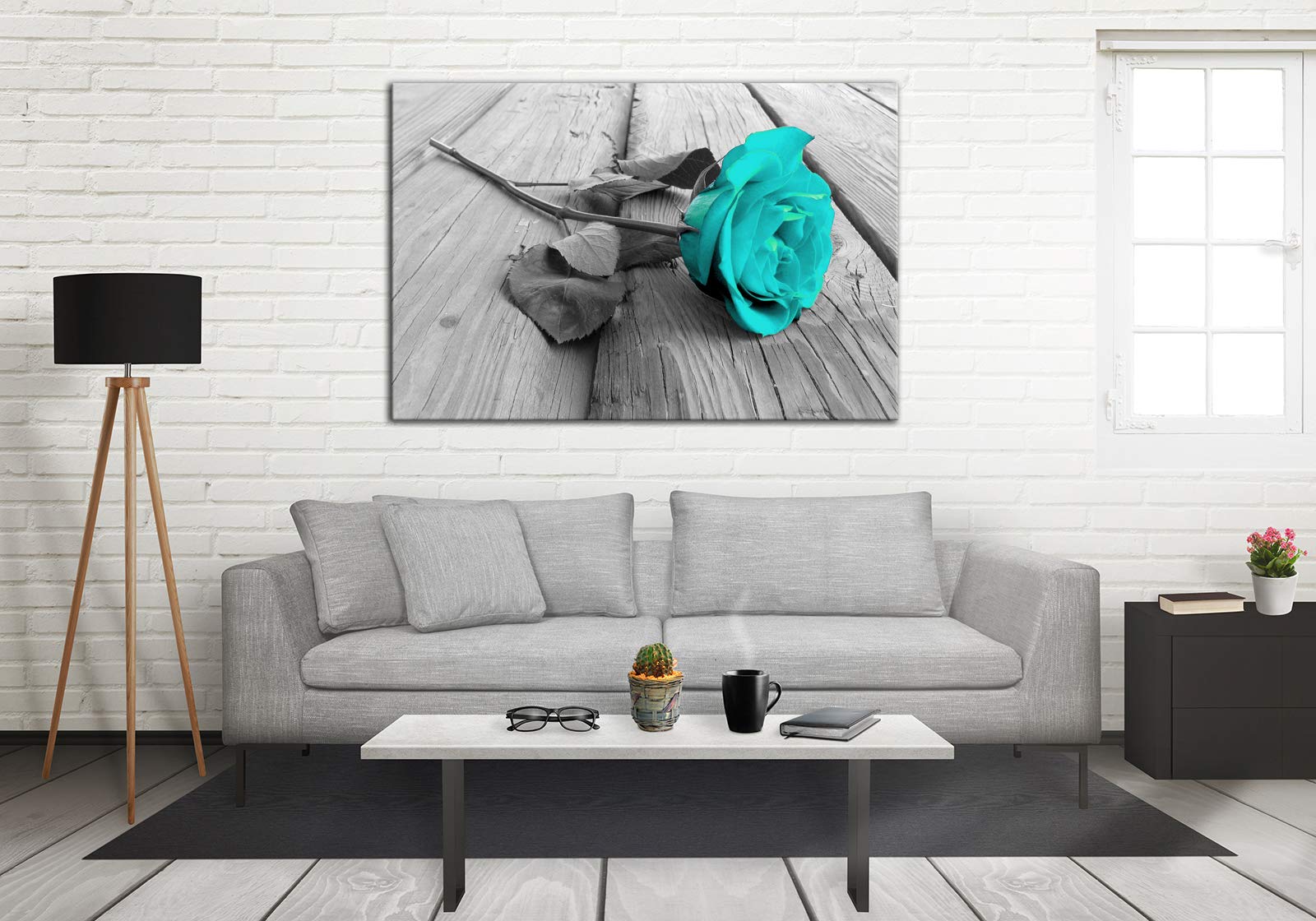 Modern Floral Canvas Wall Art - Black White Teal Rose Flower on Grey Wooden Board, Stretched & Framed Ready to Hang | Home Decor for Living Room, Bedroom, Bathroom | Perfect for Farmhouse, Boho & Contemporary Interior Design