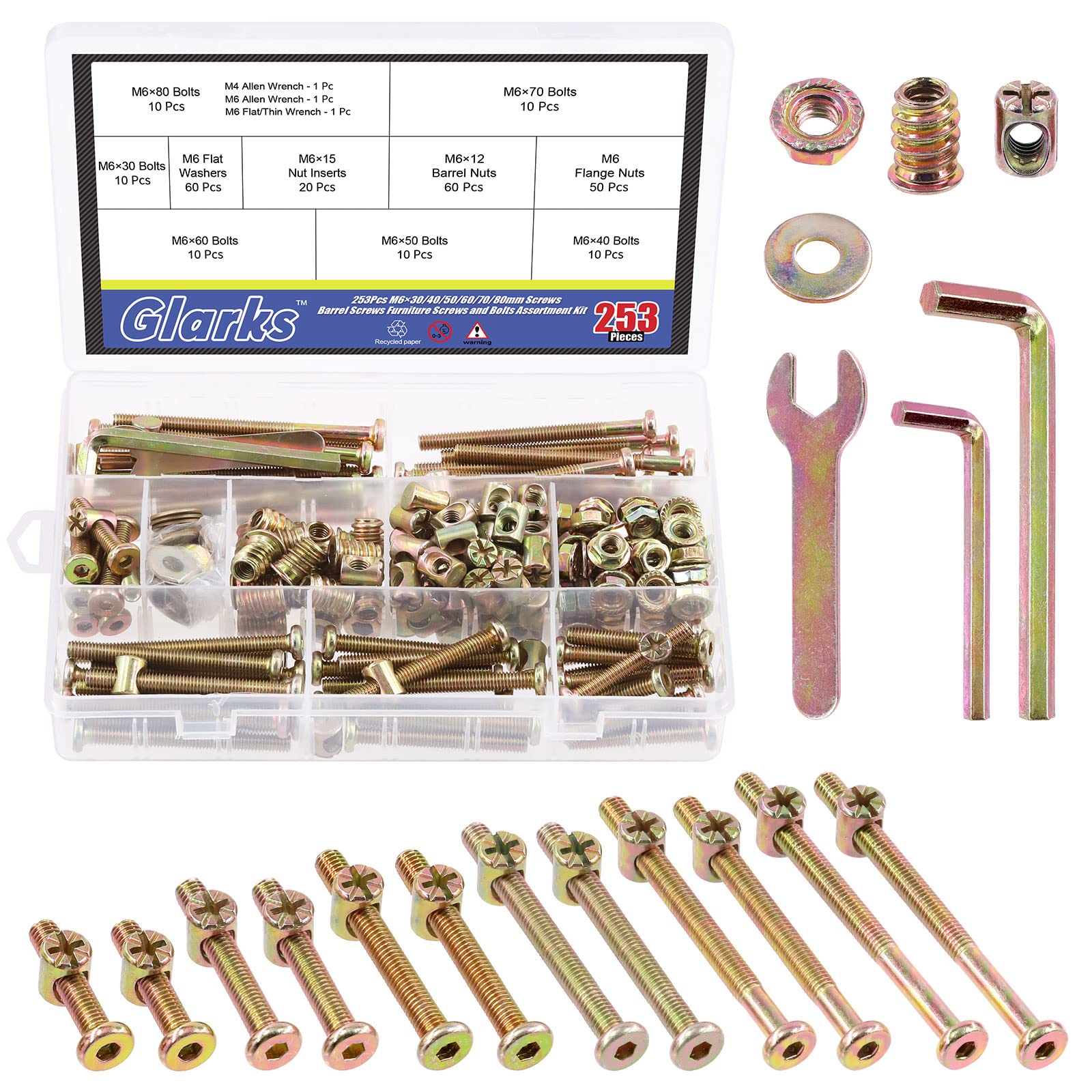 Glarks M6 Baby Crib Screws Kit - 253Pcs Hex Socket Cap Screws with Nuts & Washers for Furniture Assembly