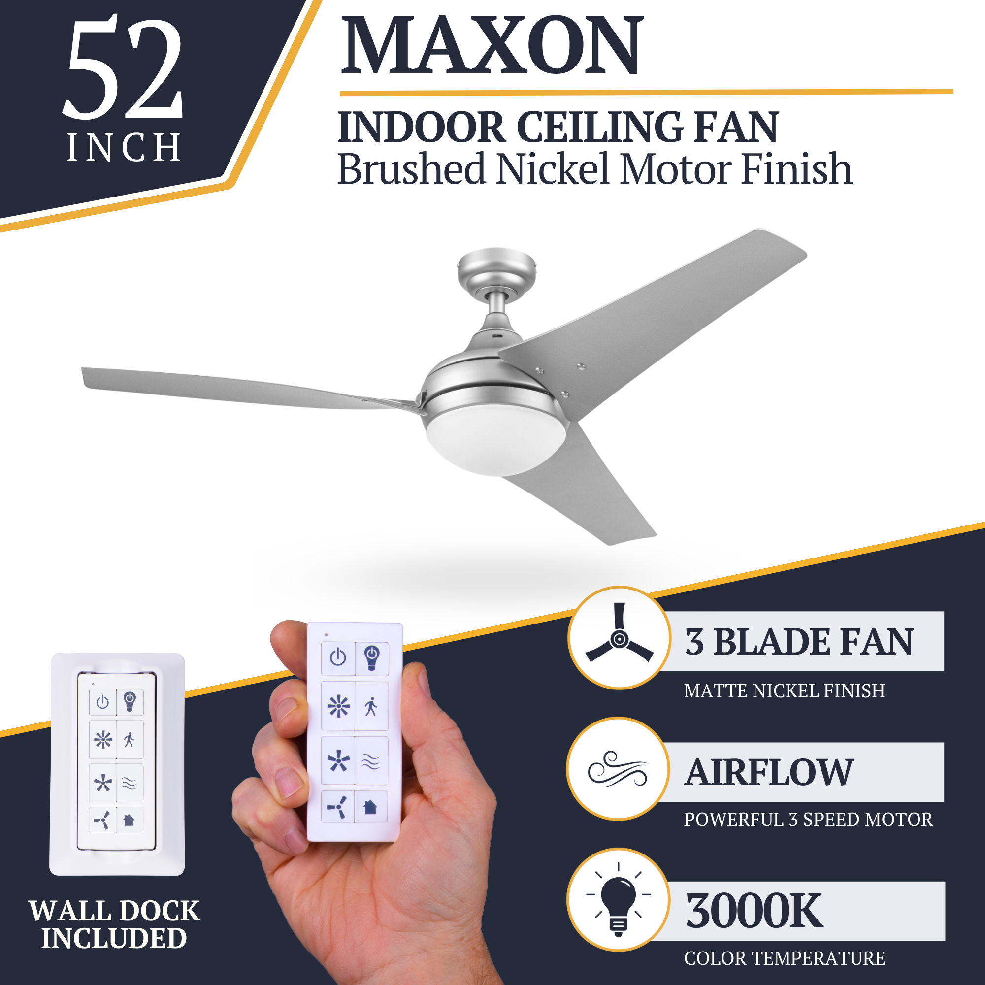 52 Inch Maxon Silver Ceiling Fan with Remote Control - Modern Cooling for Living Room, Bedroom & Office