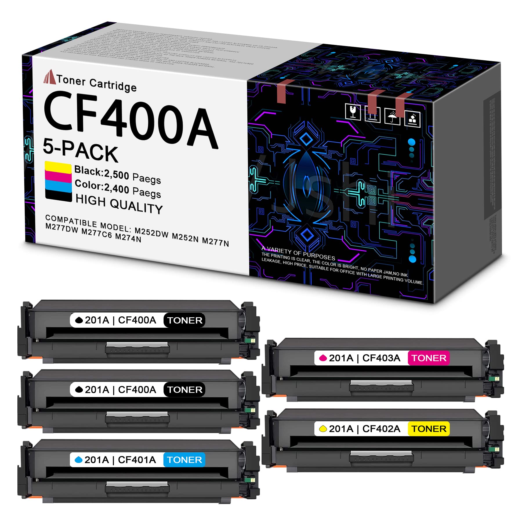 HP CF400A CF401A CF402A CF403A Compatible Toner Cartridge Replacement (5 Pack - 2BK+1C+1M+1Y) for HP M252dw M277dw M277c6 M252n M277n M274n Printers | High-Quality Office & Home Printing Solution