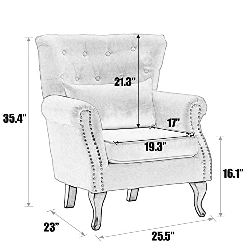 Modern Upholstered Tufted Linen Fabric Accent Armchair - Club Chair, Lounge Chair & Reading Chair with Rivet Roll Arms & High Back Support - Perfect for Living Room, Bedroom, Home Office & Reading Nook (Blue + Linen Fabric)