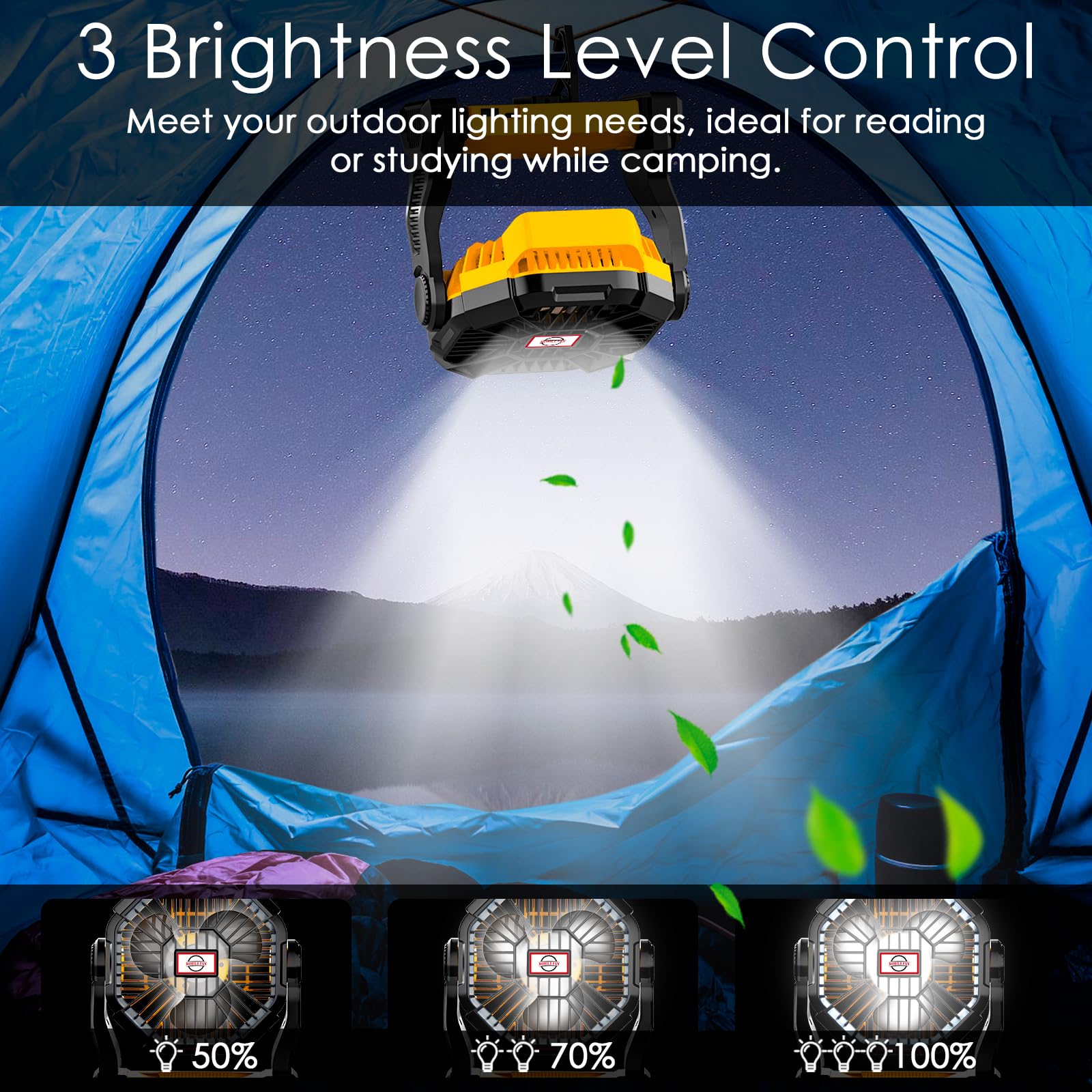 Lostrain Rechargeable Camping Fan with LED Light - 36H Runtime, 10400mAh Battery, USB Portable Desk Fan - Ultra Quiet with Hanging Hook - Perfect for Outdoor Camping, Picnic, BBQ, Fishing & Travel - Yellow