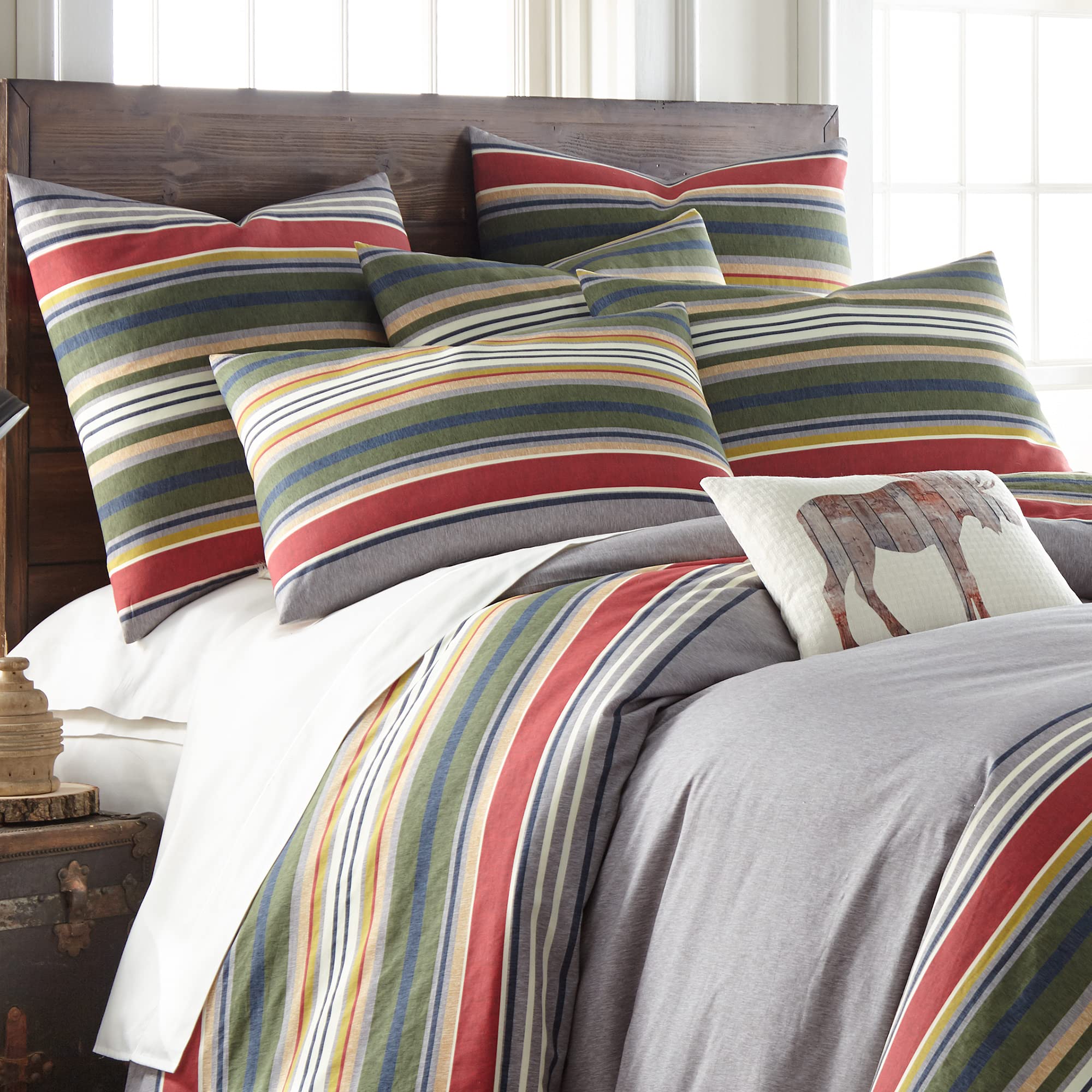Levtex Home Manta Duvet Cover Set - Full/Queen Size 92x96 Inches with 2 Standard Pillowcases 26x20 Inches - Soft Cotton Bedding in Navy Blue, Burgundy & Green Stripes - Perfect for Master Bedroom, Guest Room & Coastal Decor