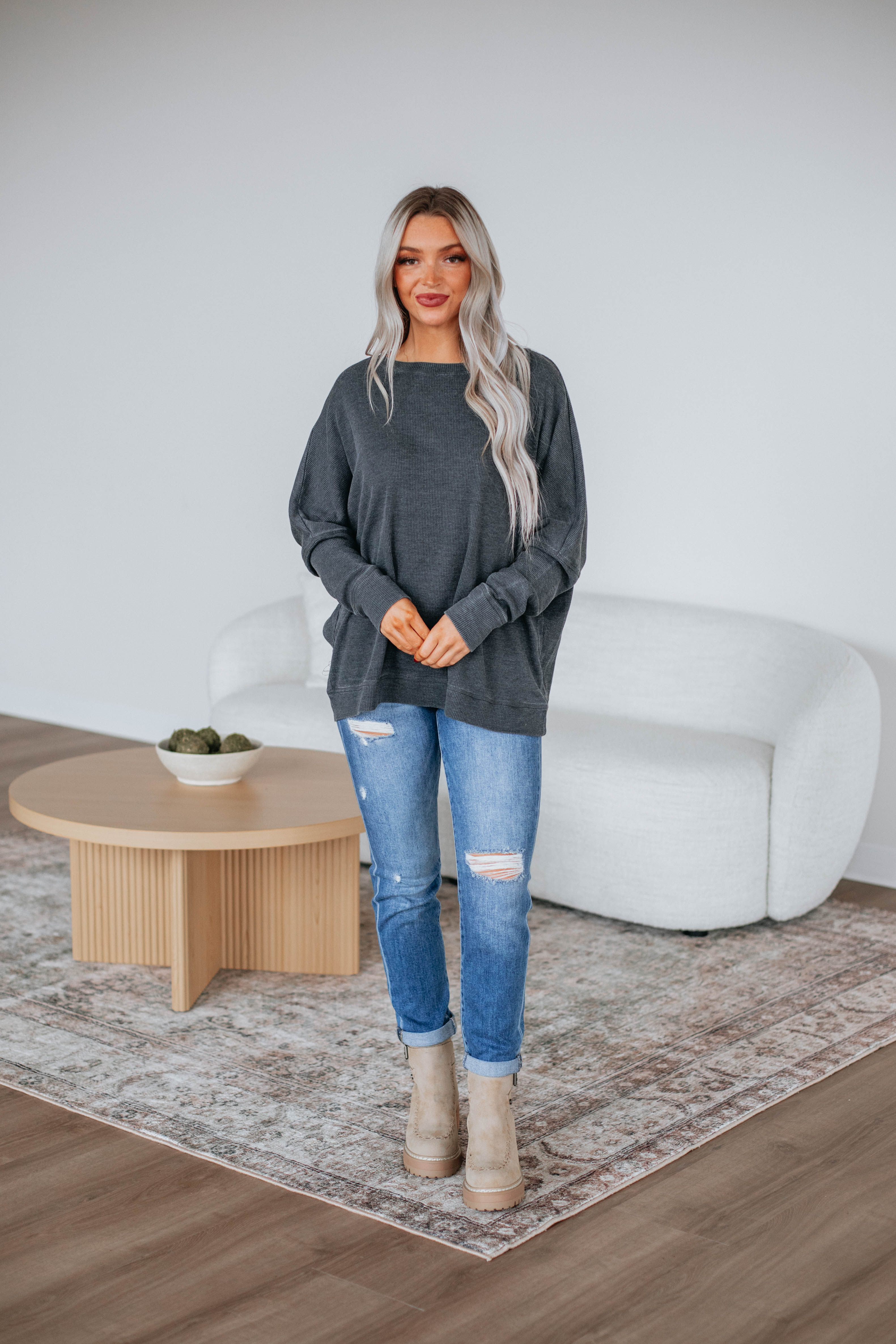 Vintage Black Waffle Knit Top for Women - Soft & Comfortable Casual Shirt - Perfect for Layering, Fall Outfits & Cozy Everyday Wear
