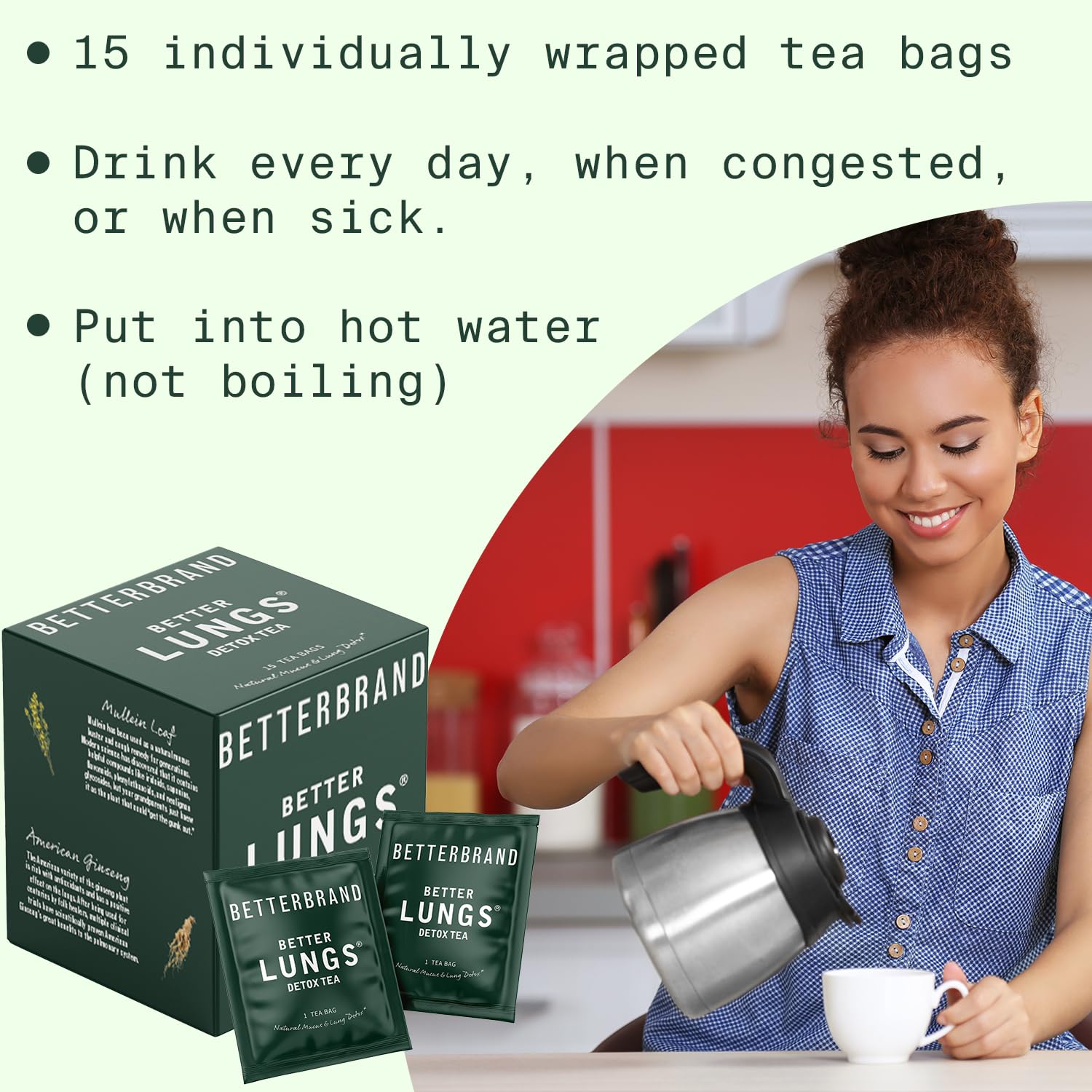 Betterbrand BetterLungs Detox Tea - Organic Herbal Tea for Respiratory Support & Lung Cleansing | Mullein Leaf Blend for Healthy Breathing & Wellness | Caffeine-Free, Non-GMO | 15 Tea Bags | Perfect for Allergy Season, Smokers & Urban Living