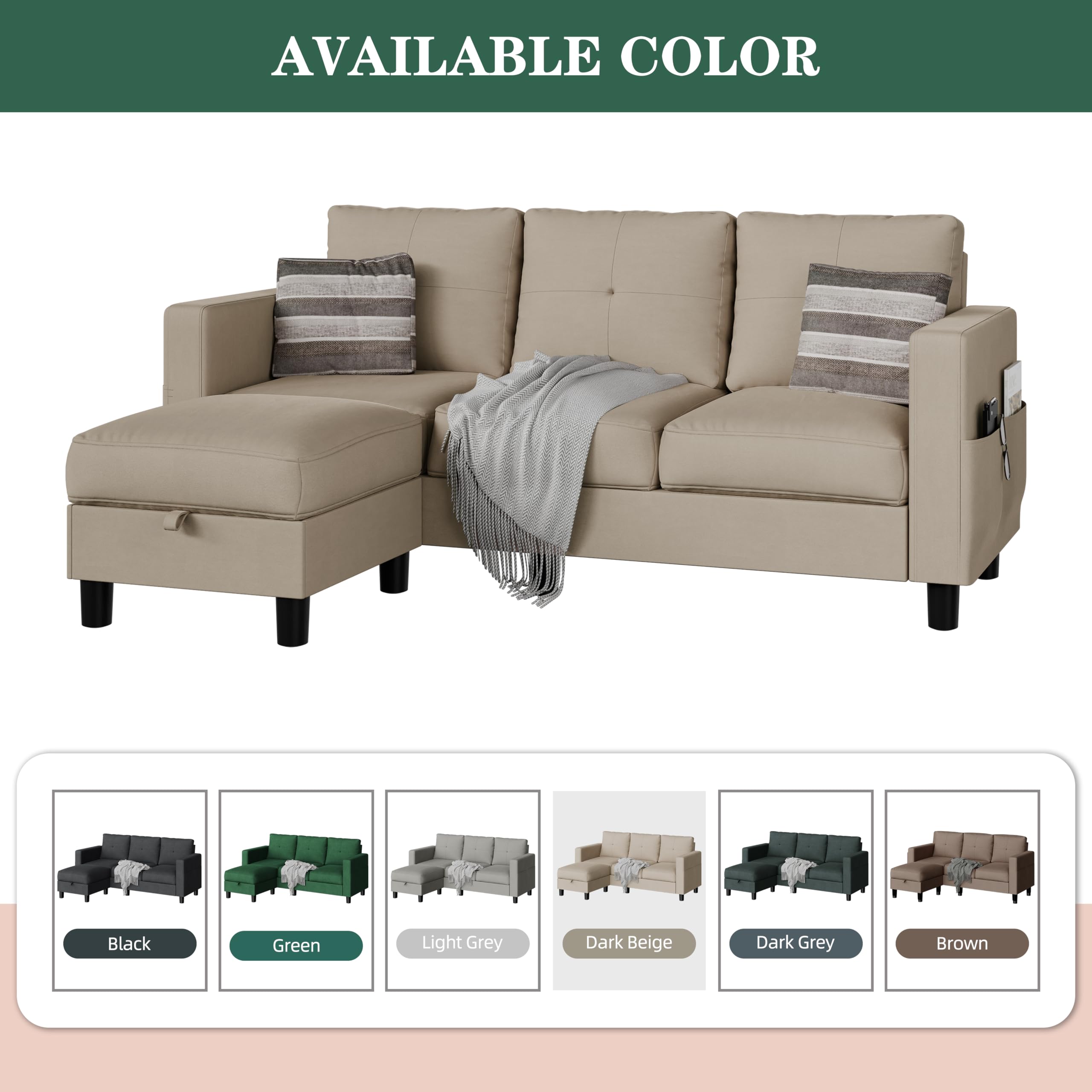 JAMFLY L-Shaped Sectional Sofa with Ottoman & Storage - Convertible Small Space Couch for Living Room, Dark Beige | Perfect for Apartments, Dorms & Cozy Home Decor