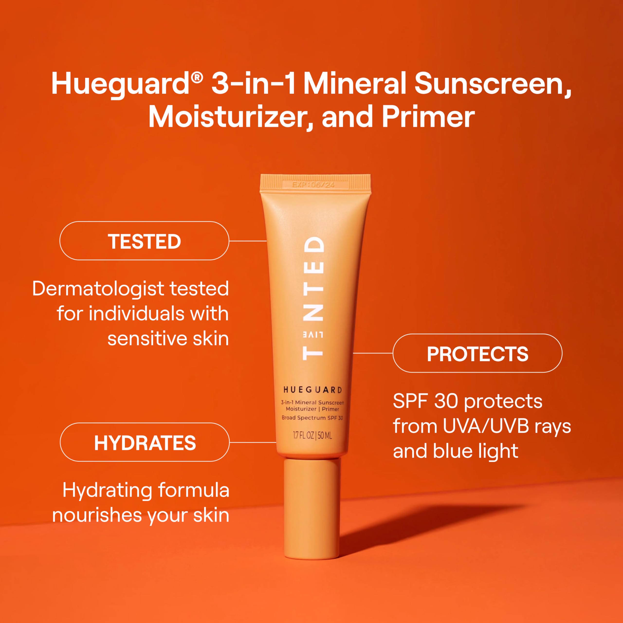Live Tinted Hueguard® 3-in-1 Mineral Sunscreen SPF 30 | Face & Body Moisturizer & Primer | Hydrating UVA/UVB Protection | 1.7 Fl Oz | Perfect for Daily Wear, Beach Days & Outdoor Activities